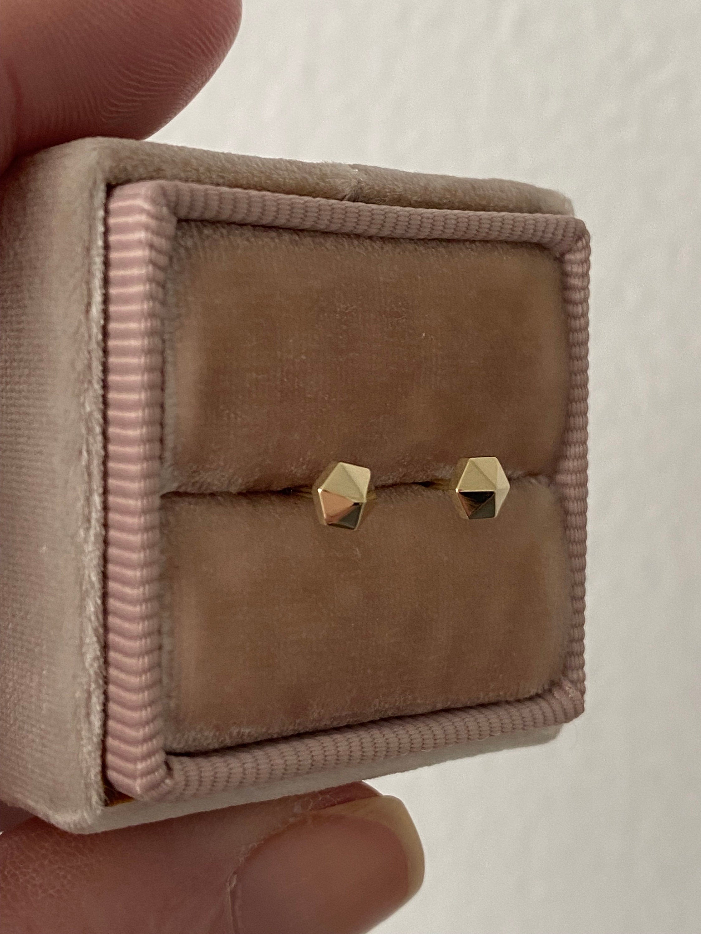14K Gold Hexagon Stud Earrings, Geometric Minimalist Style