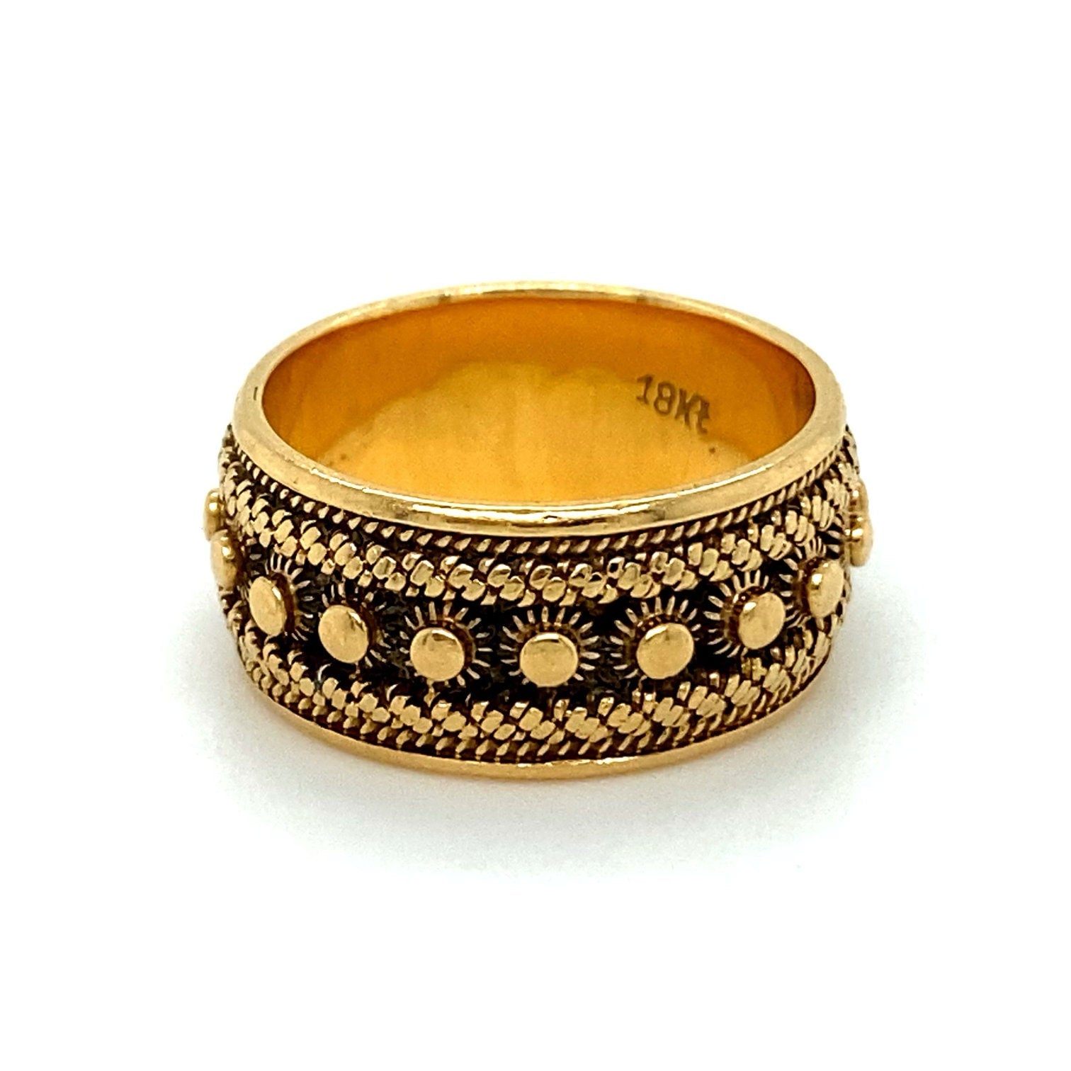 Amazing Vintage Sun Patterned 18K Yellow Gold Wide Wedding Band.