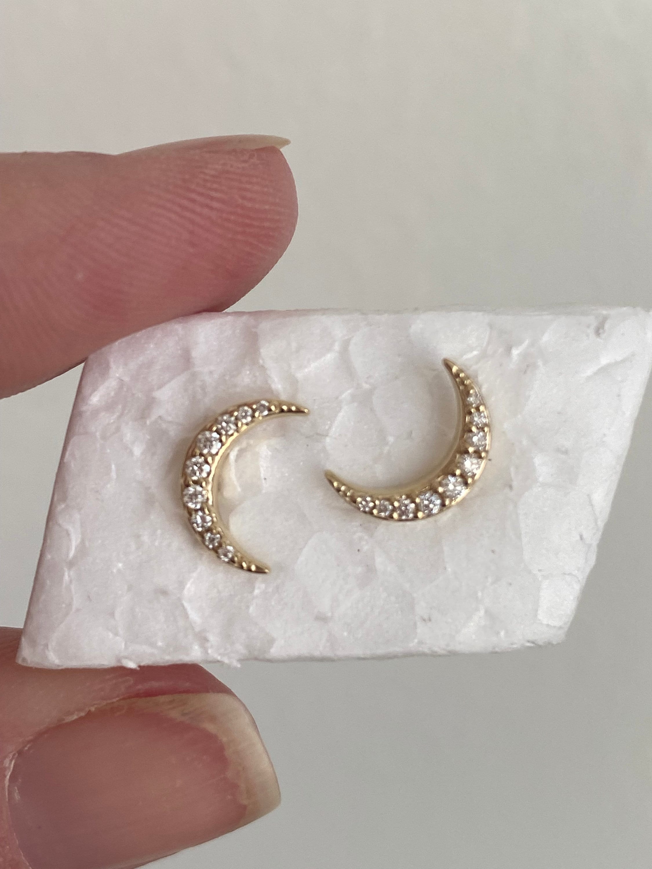 Crescent Moon Diamond Stud Earrings in Solid 14K Gold - White.