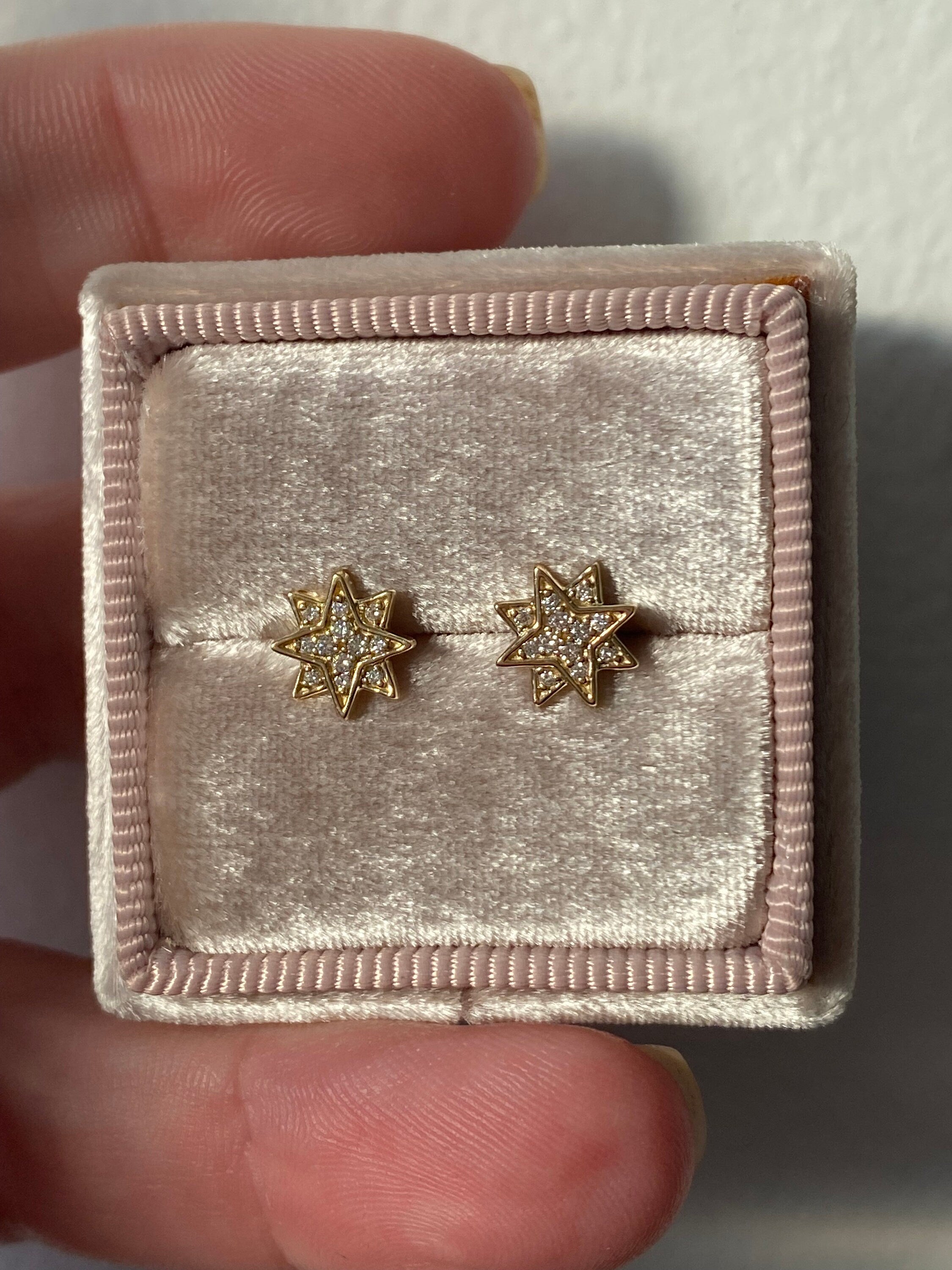Star Diamond Stud Earrings in Solid 14K Gold.