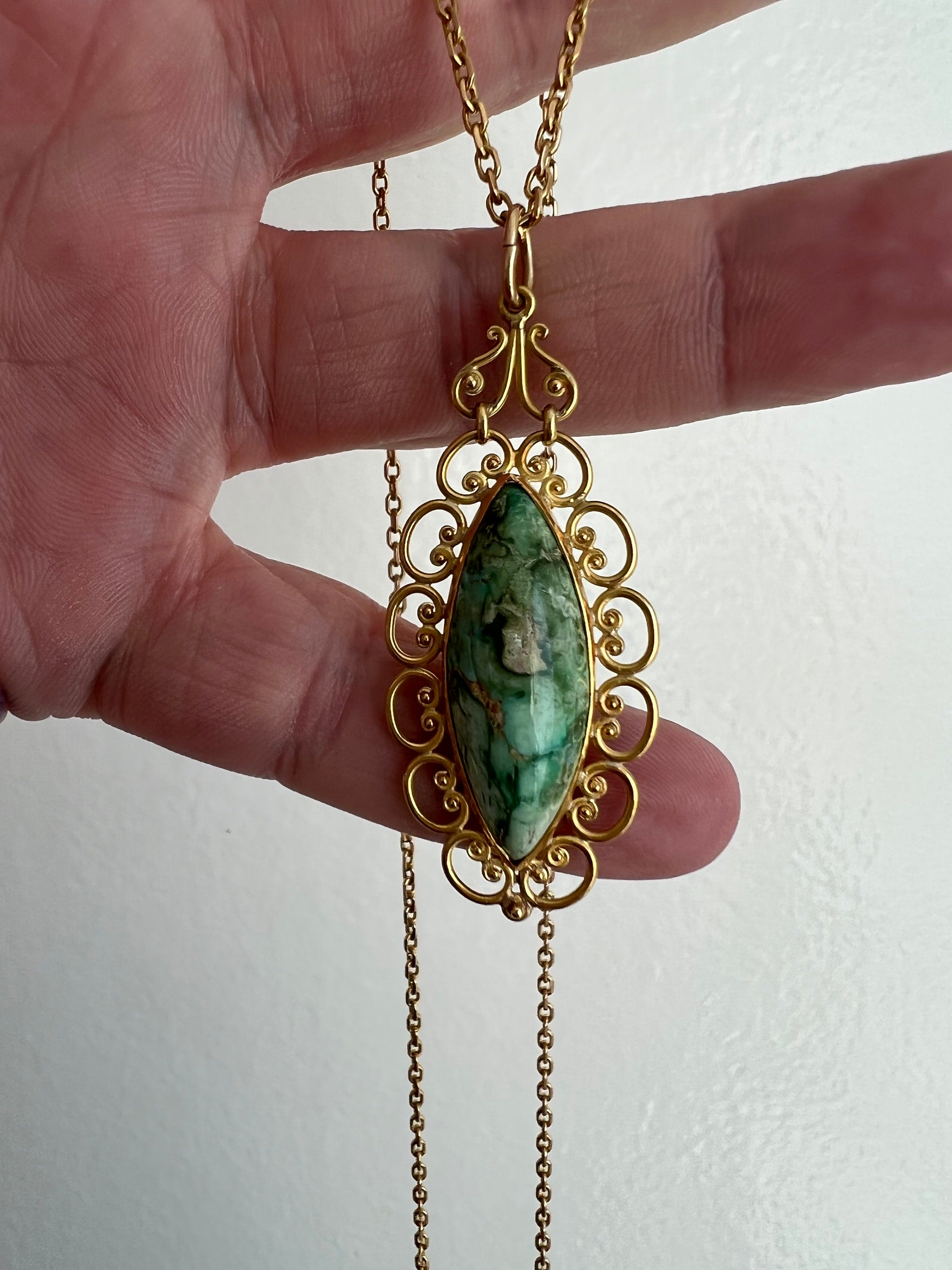 Vintage 18K Yellow Gold Turquoise Pendant and Long Chain.