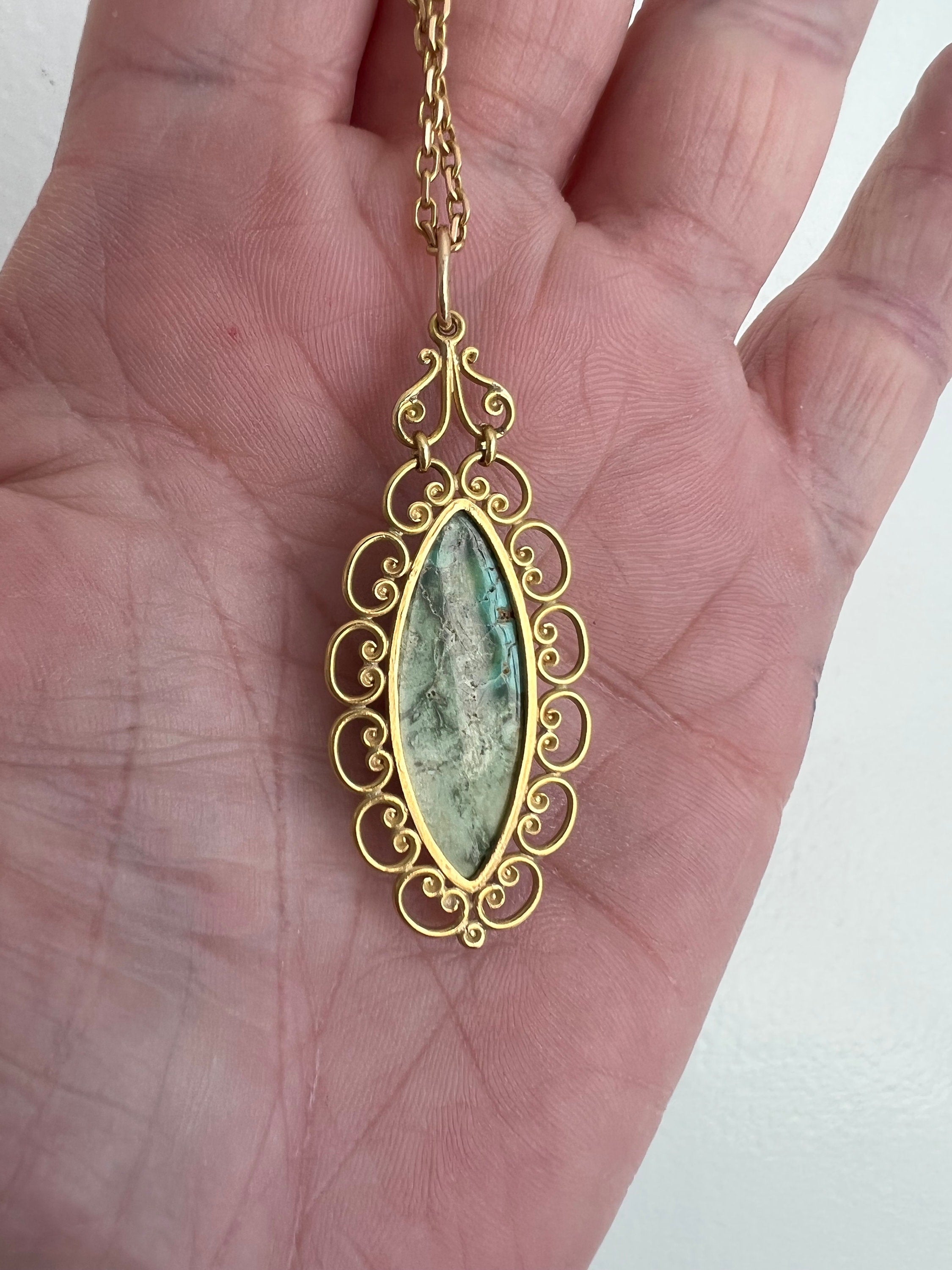 Vintage 18K Yellow Gold Turquoise Pendant and Long Chain.