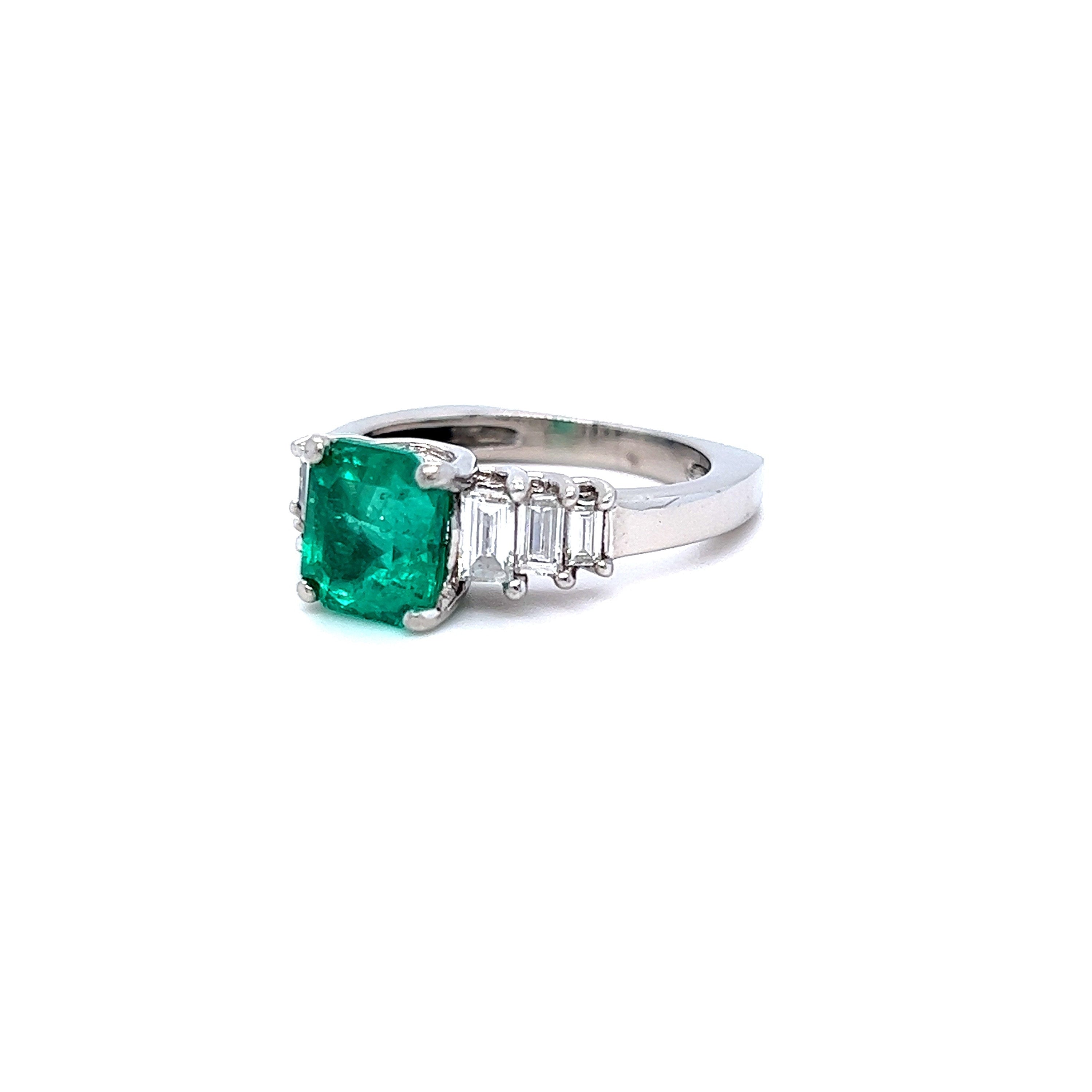 Classic Vintage Platinum Emerald Engagement Ring with Baguette Diamonds - 2.22ct.