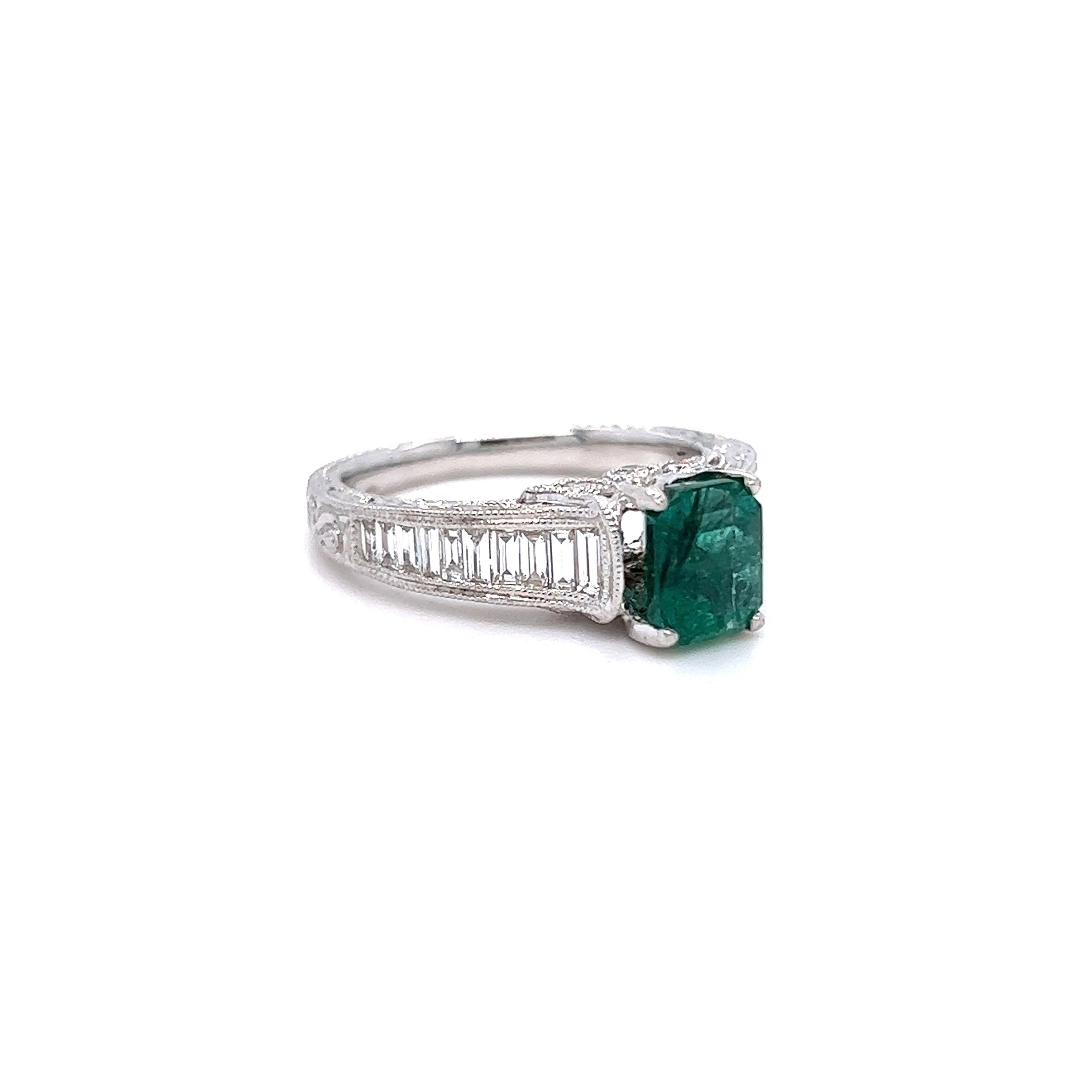 Beautiful Vintage 18K White Gold Diamond and Emerald Ring with Baguettes- 2.15ct.