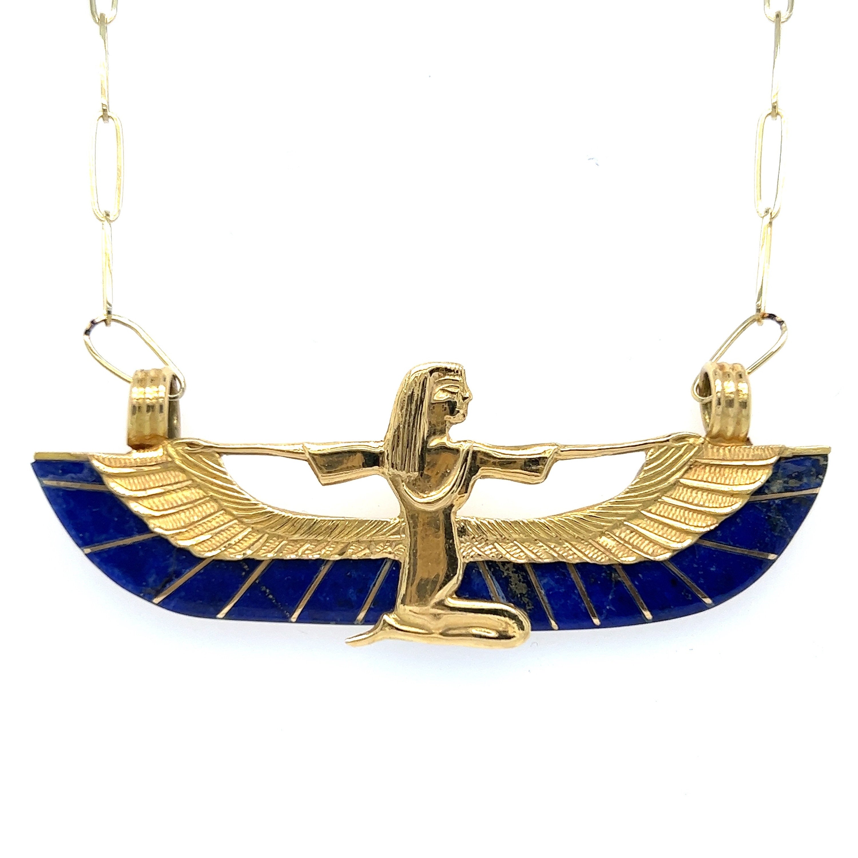 Amazing Vintage Egyptian Revival 18K/ 14K Yellow Gold and Lapis Ra Sun Goddess Necklace.