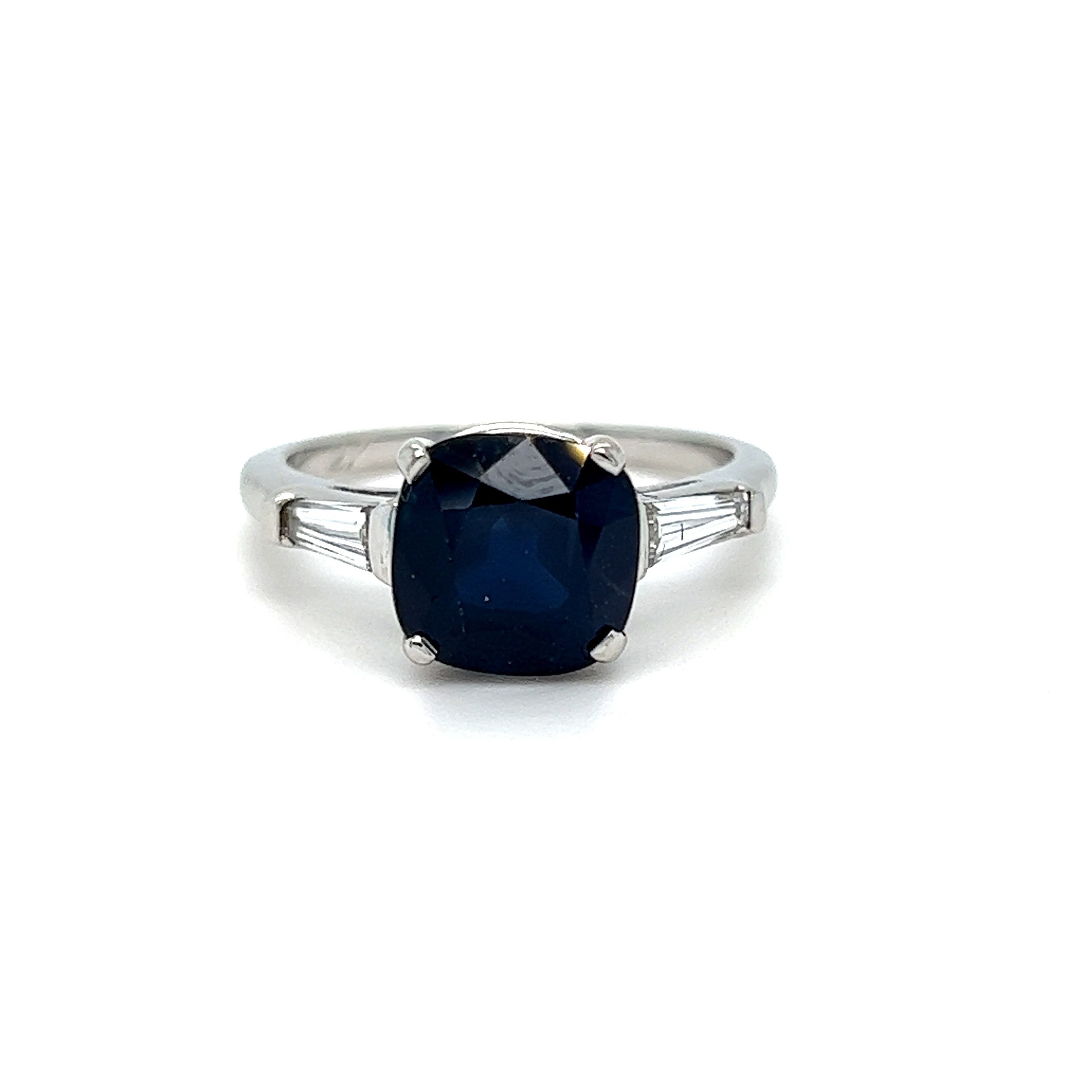 Classic Vintage Platinum Sapphire Engagement Ring with Baguette Diamonds - 2.55ct.