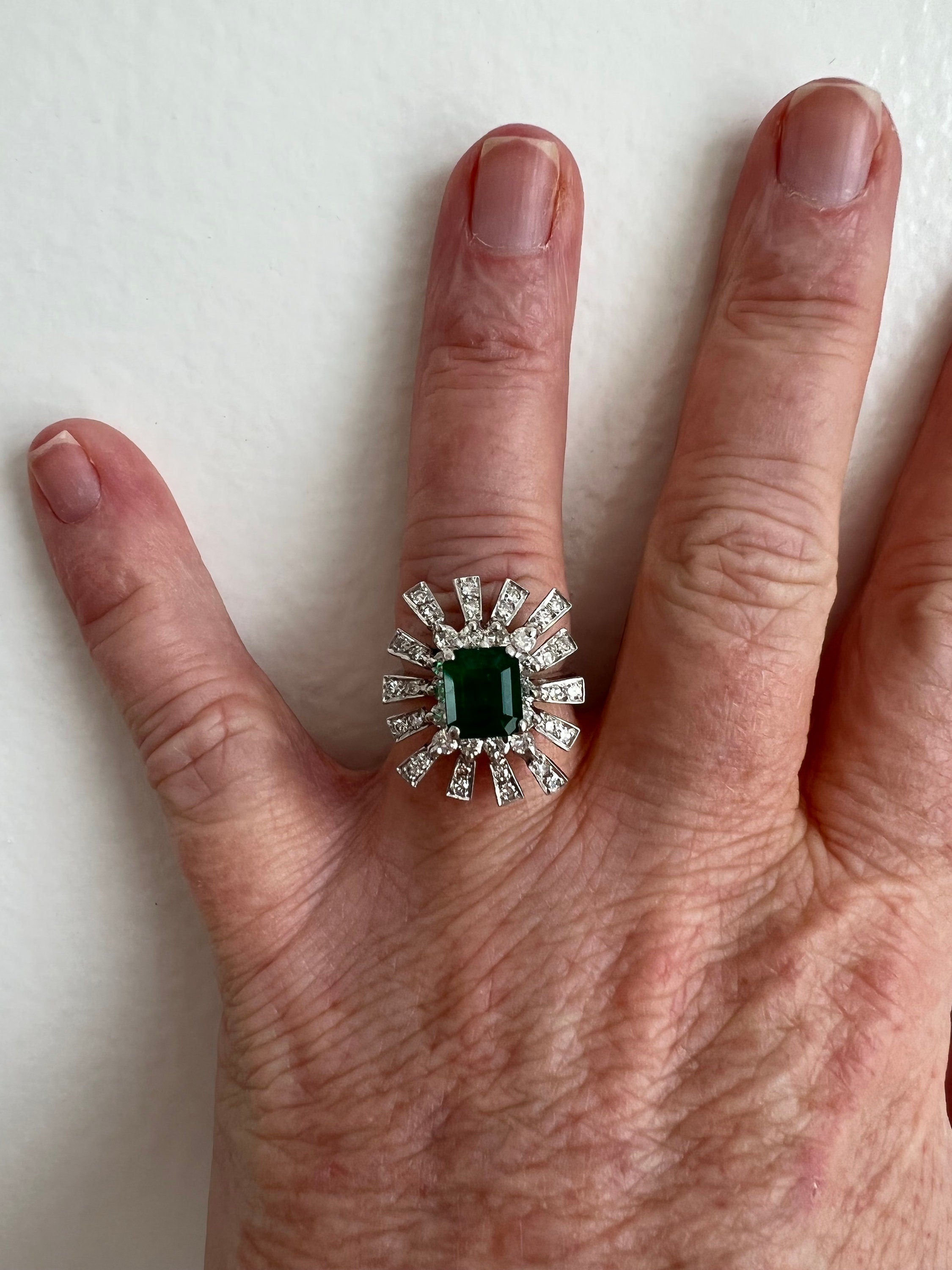 Retro Vintage 18K White Gold Diamond and Emerald Cluster Engagement Ring - 2.76ct.