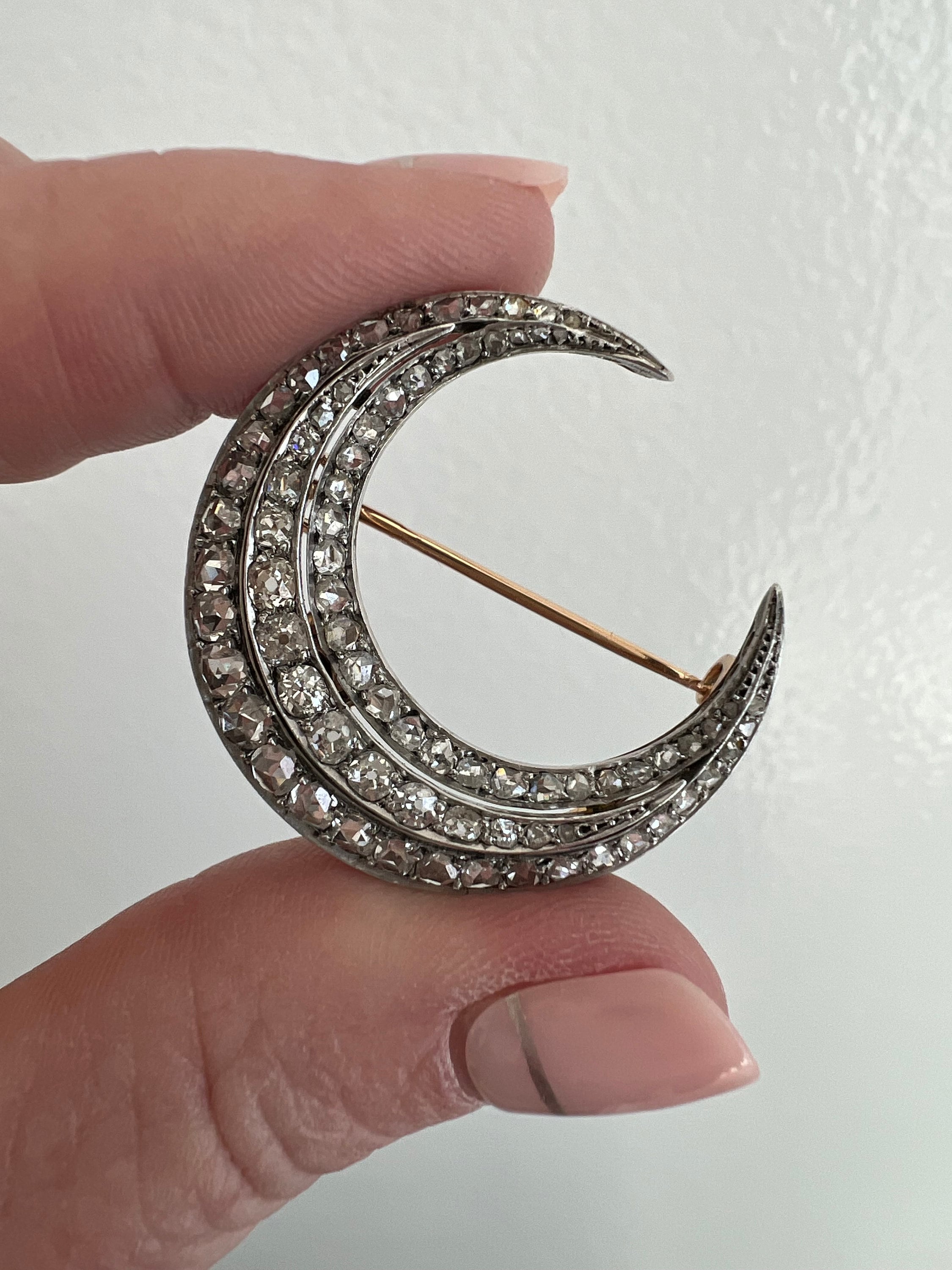 Antique French Victorian Diamond Crescent  in Silver topped 18K Yellow Gold - 2.00ct.