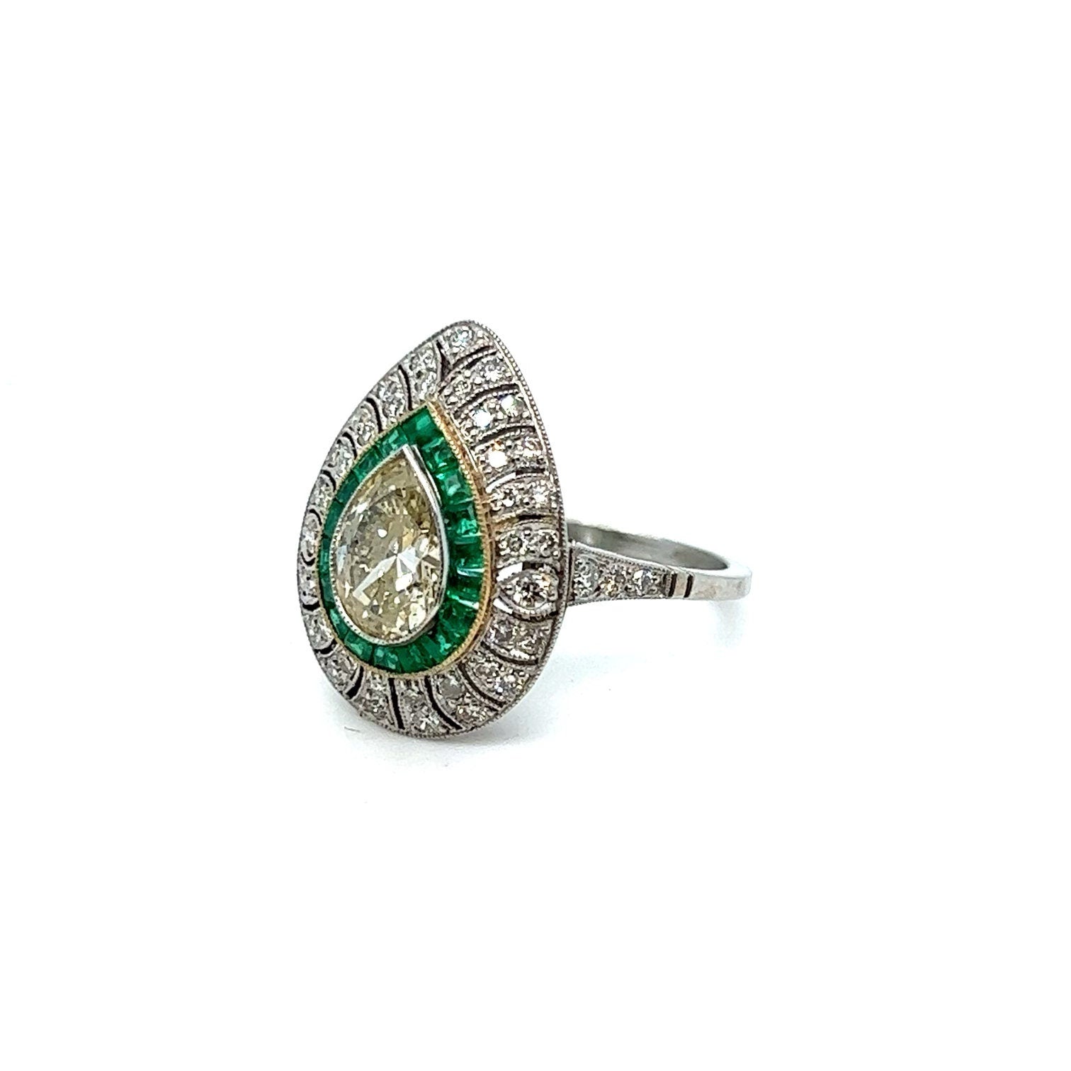 Stunning Pear Cut Diamond and Emerald Halo Ring Engagement Ring in Platinum - 2.45ct.