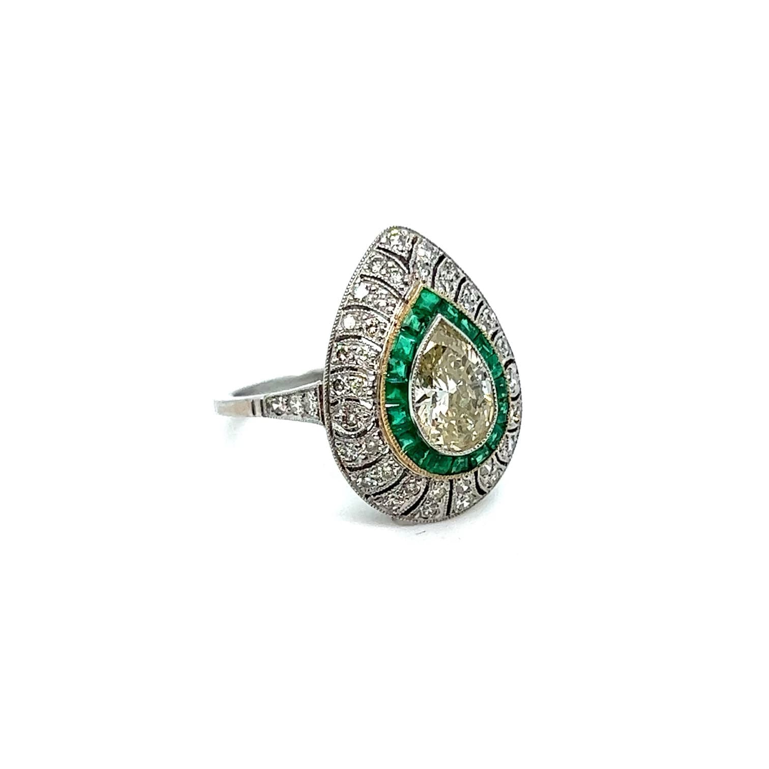 Stunning Pear Cut Diamond and Emerald Halo Ring Engagement Ring in Platinum - 2.45ct.