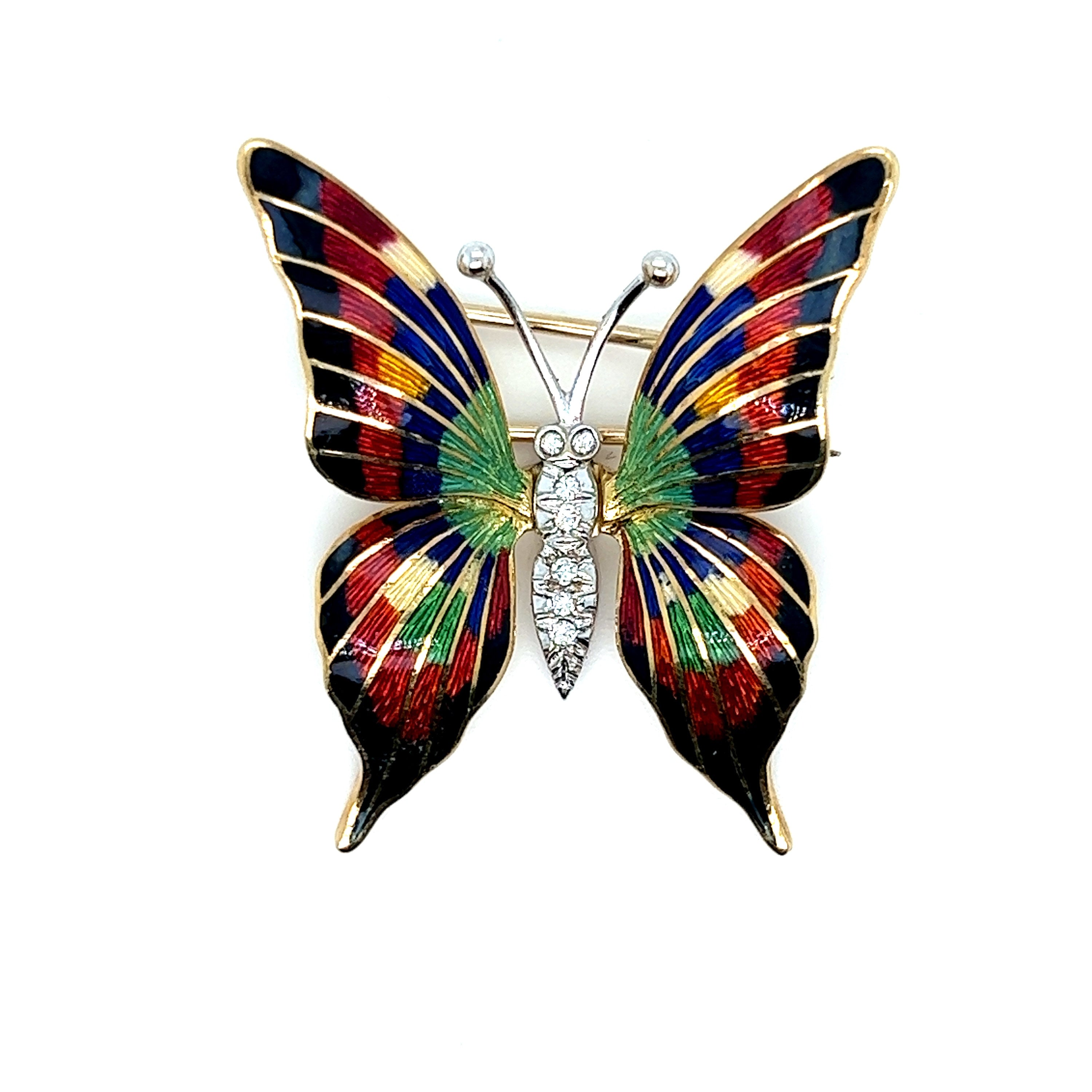 Vintage Diamond and Enamel Butterfly Fur Clip Brooch in 18K Yellow/ White Gold.