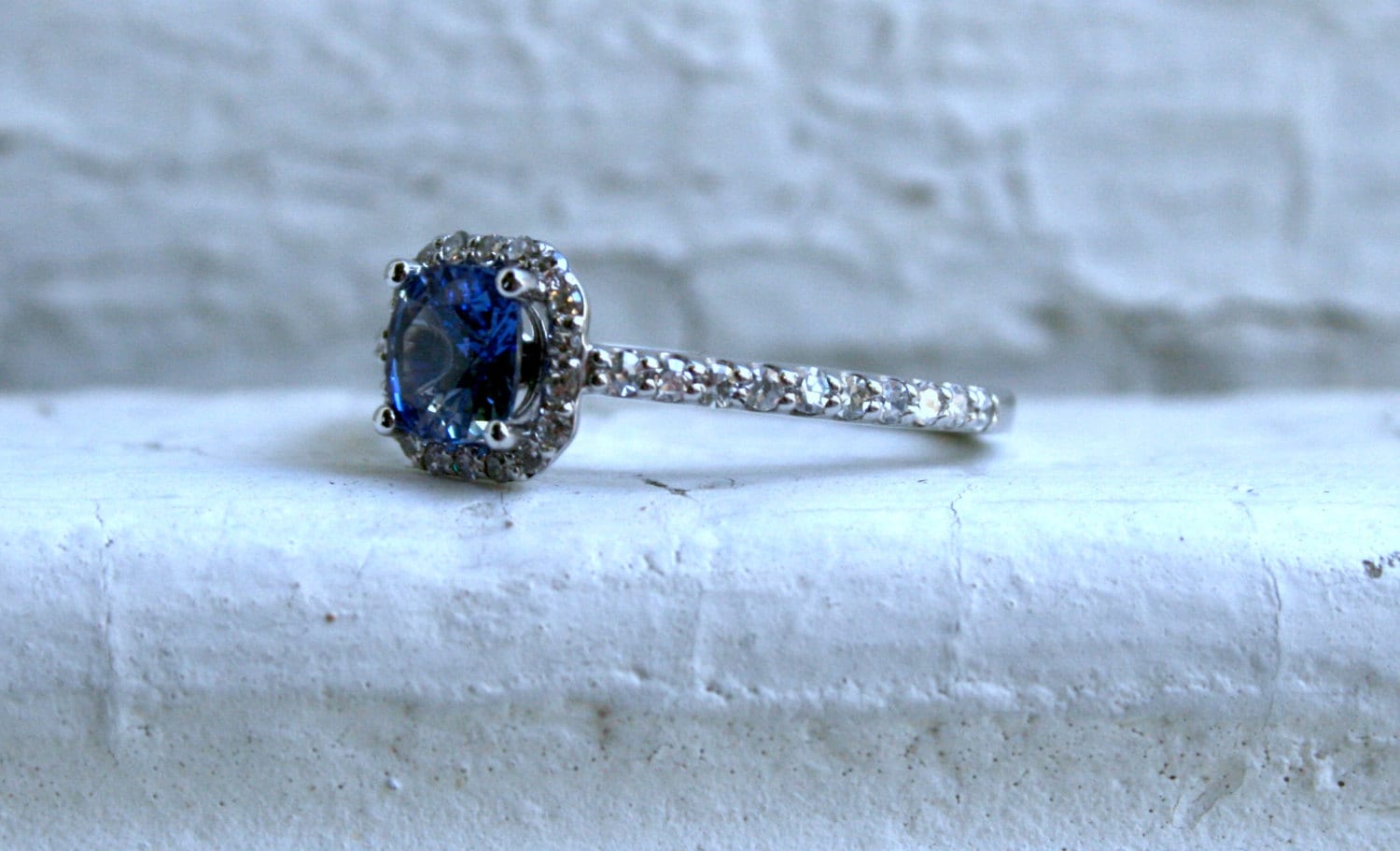 14K White Gold Pave Diamond and Sapphire Halo Ring - 1.26ct.