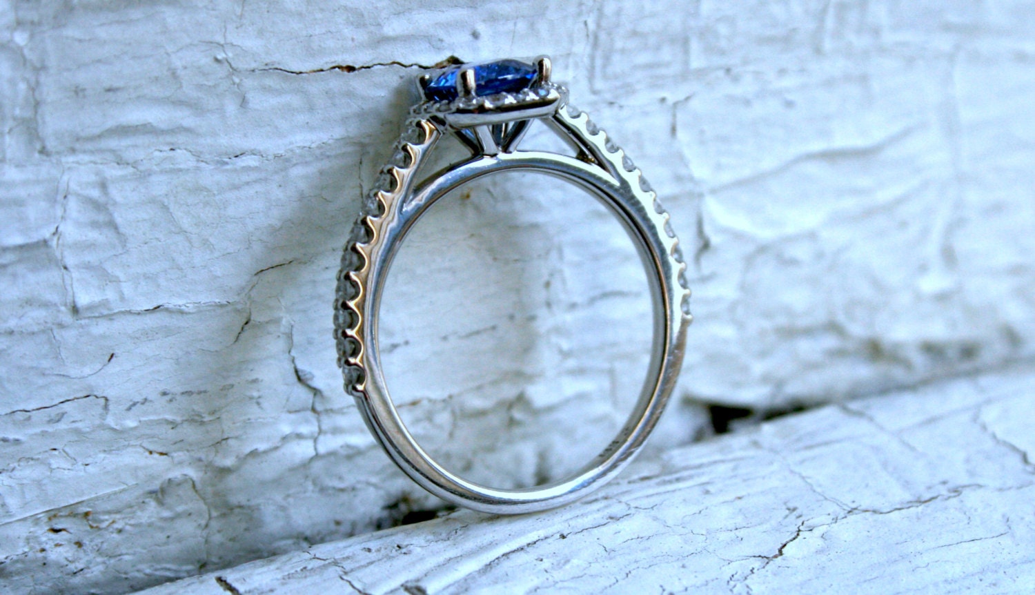 14K White Gold Pave Diamond and Sapphire Halo Ring - 1.26ct.