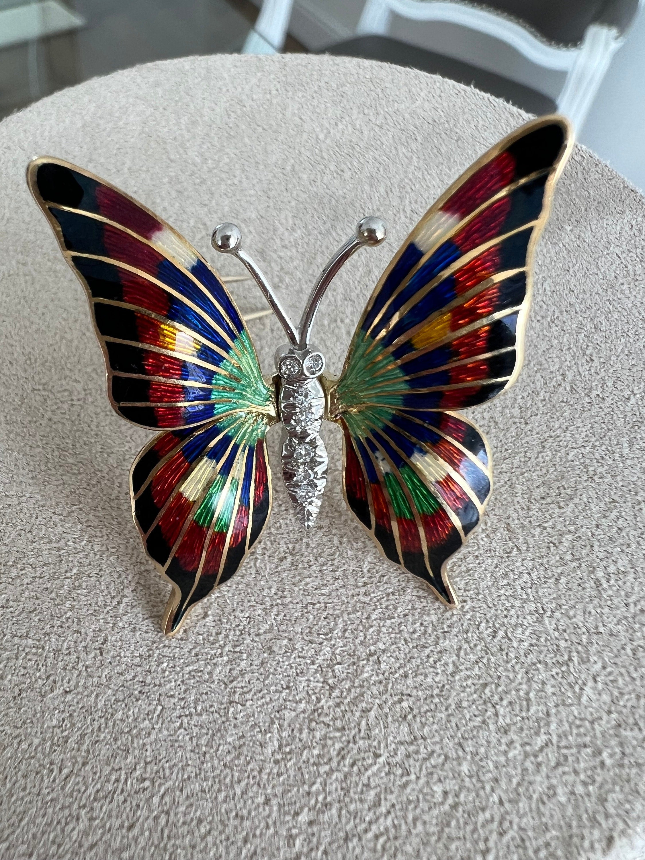 Vintage Diamond and Enamel Butterfly Fur Clip Brooch in 18K Yellow/ White Gold.