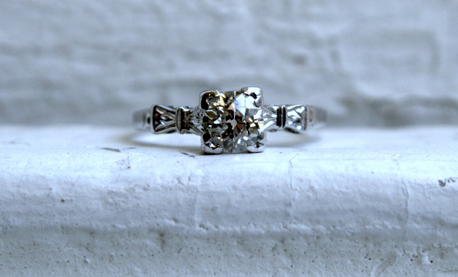 Art Deco Vintage 14K White Gold Diamond Solitaire Engagement Ring - 0.70ct