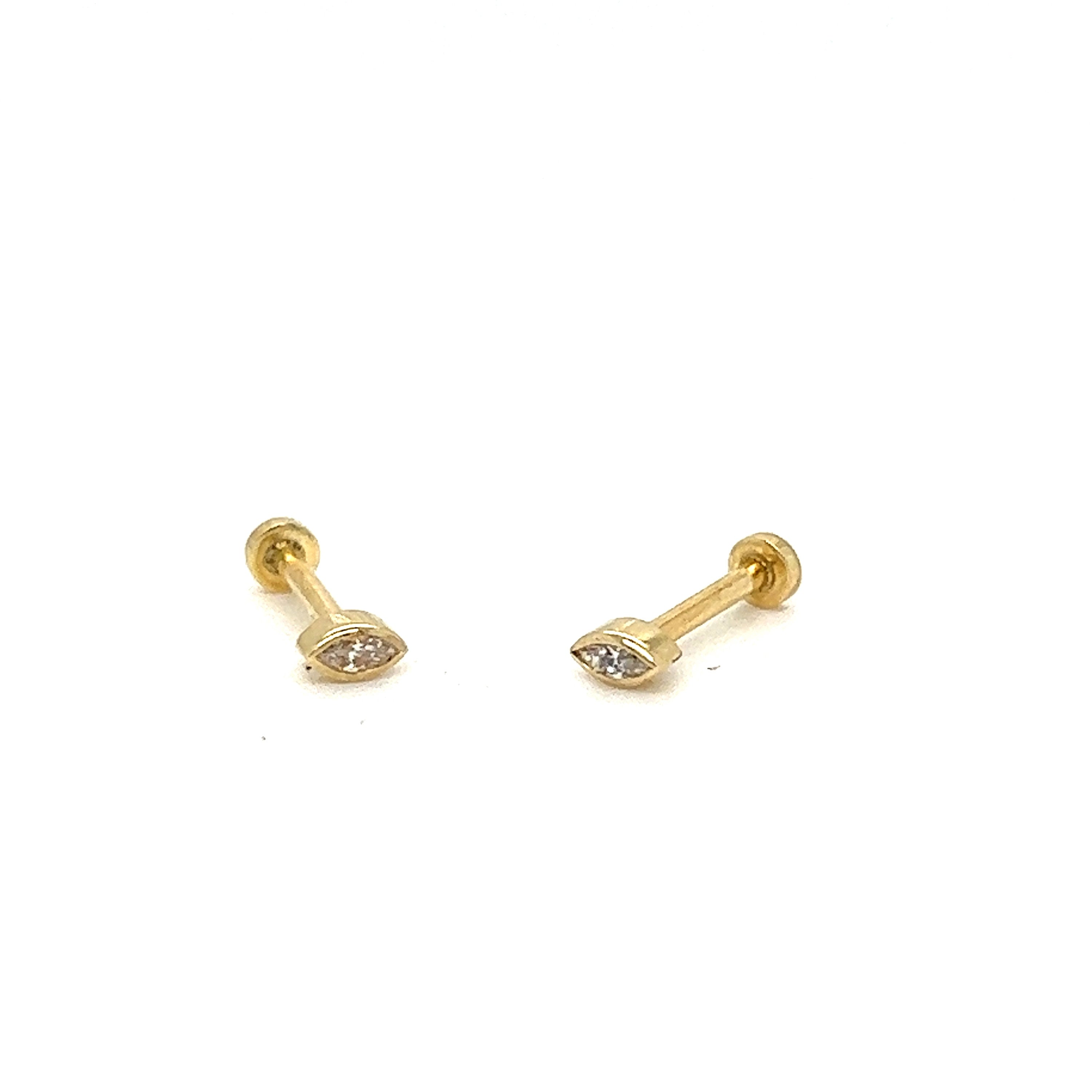 Marquise Cut Diamond Stud Earrings in Solid 14K Yellow Gold, Bezel Set, Small, Natural Diamond.