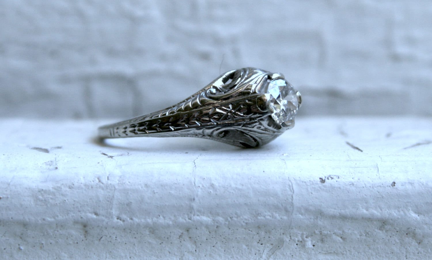 Vintage Filigree 18K White Gold Solitaire Diamond Engagement Ring - 0.55ct