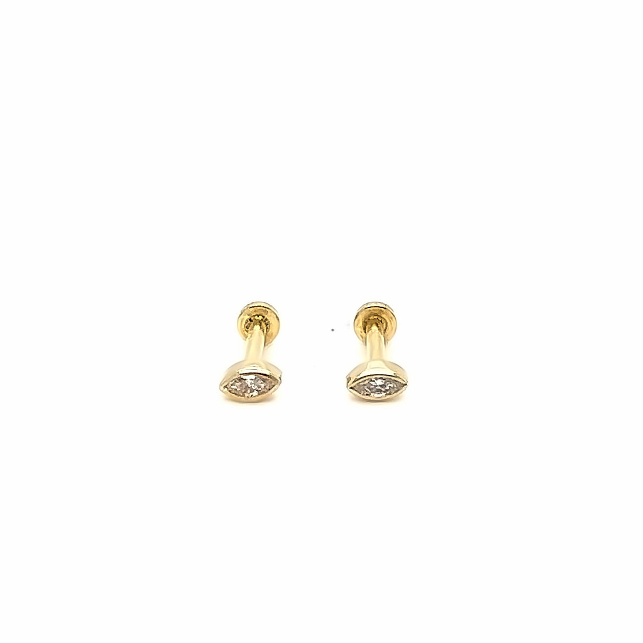 Marquise Cut Diamond Stud Earrings in Solid 14K Yellow Gold, Bezel Set, Small, Natural Diamond.