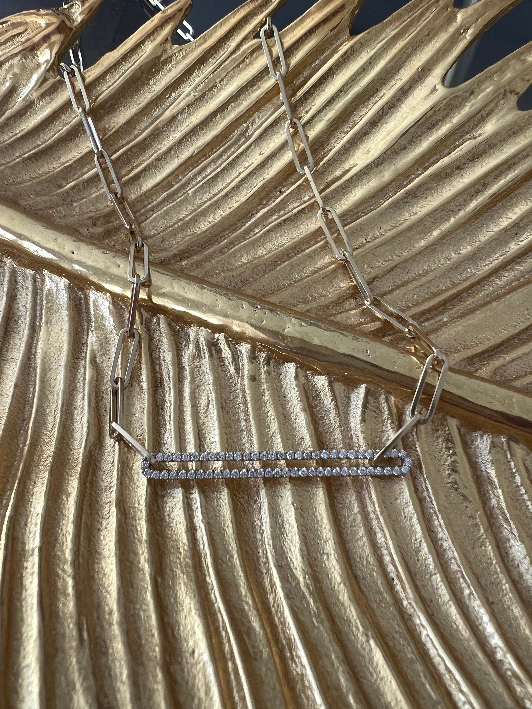 Paperclip Chain Necklace with Natural Diamonds, 14K Solid Gold.