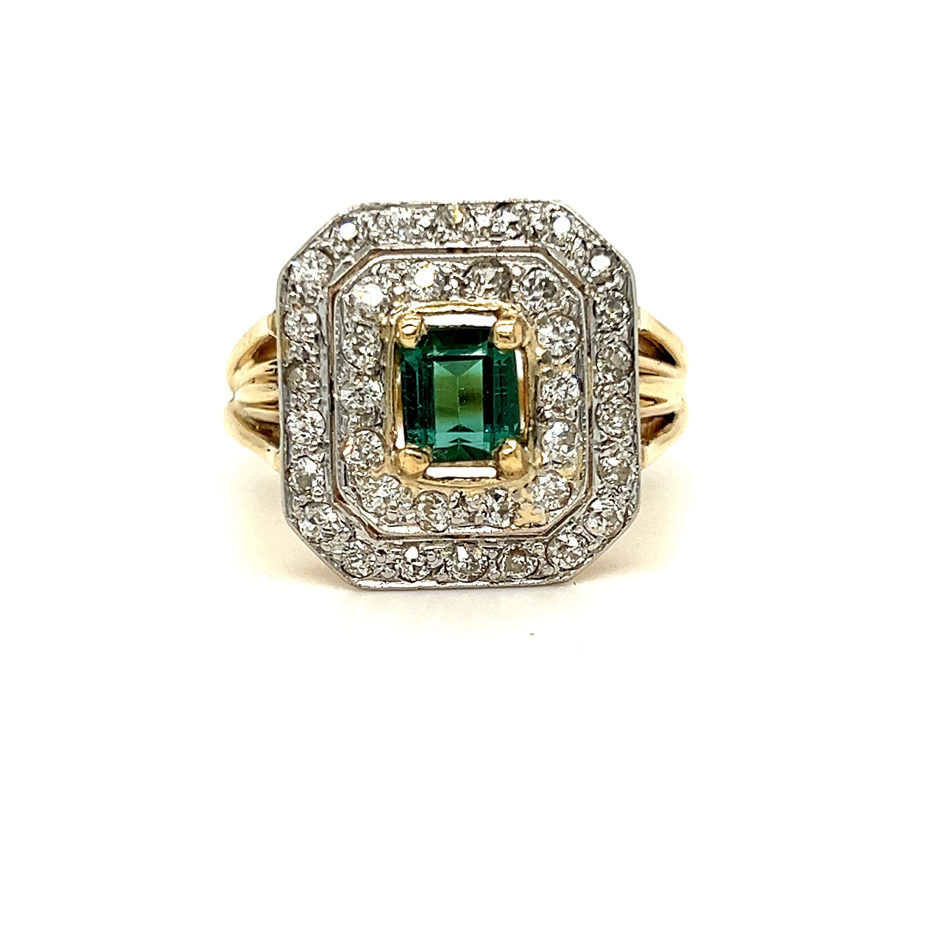 Antique 14K Yellow Gold Double Diamond Halo and Tourmaline Ring Engagement Ring - 2.34ct.