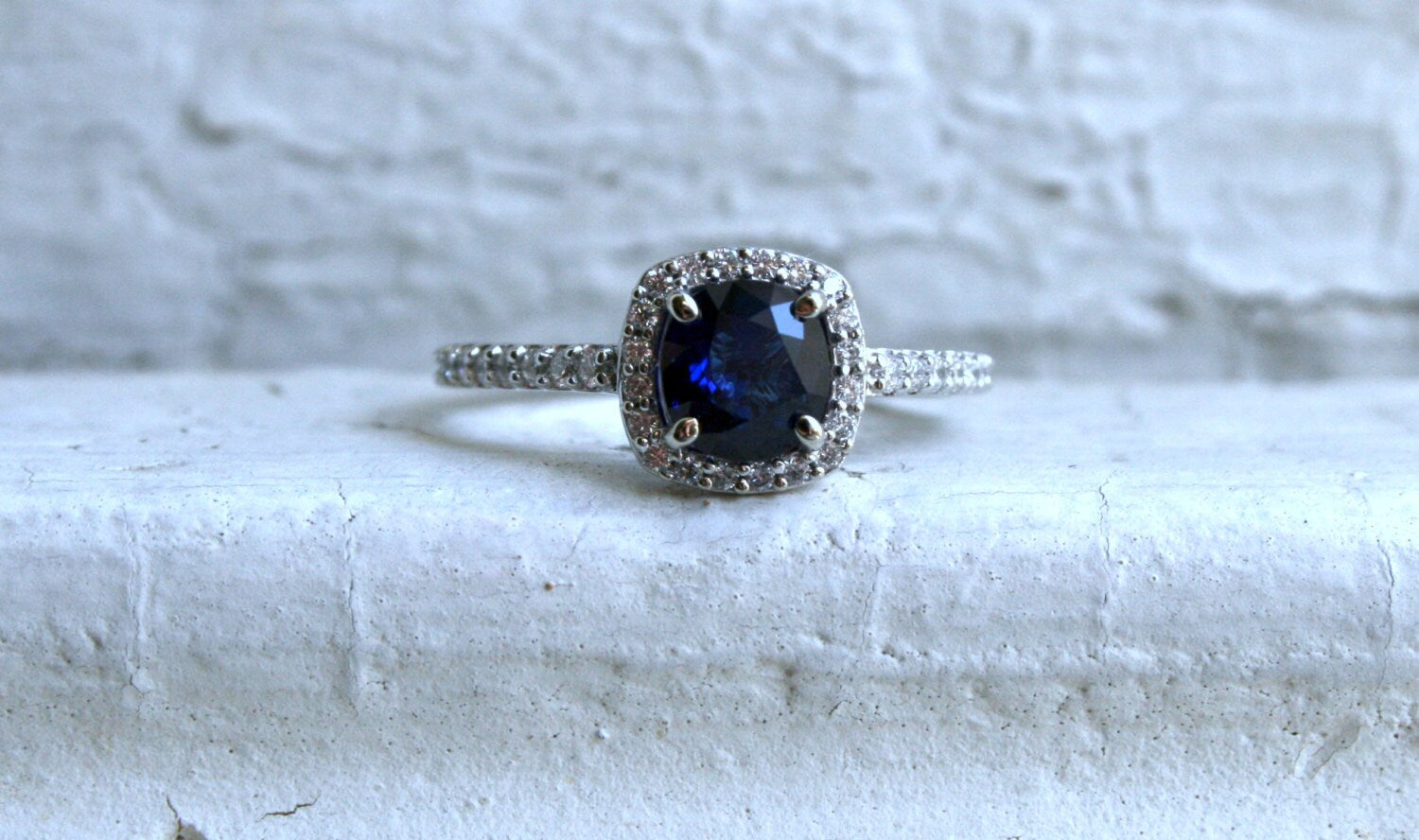 14K White Gold Pave Diamond and Sapphire Halo Ring - 1.60ct.