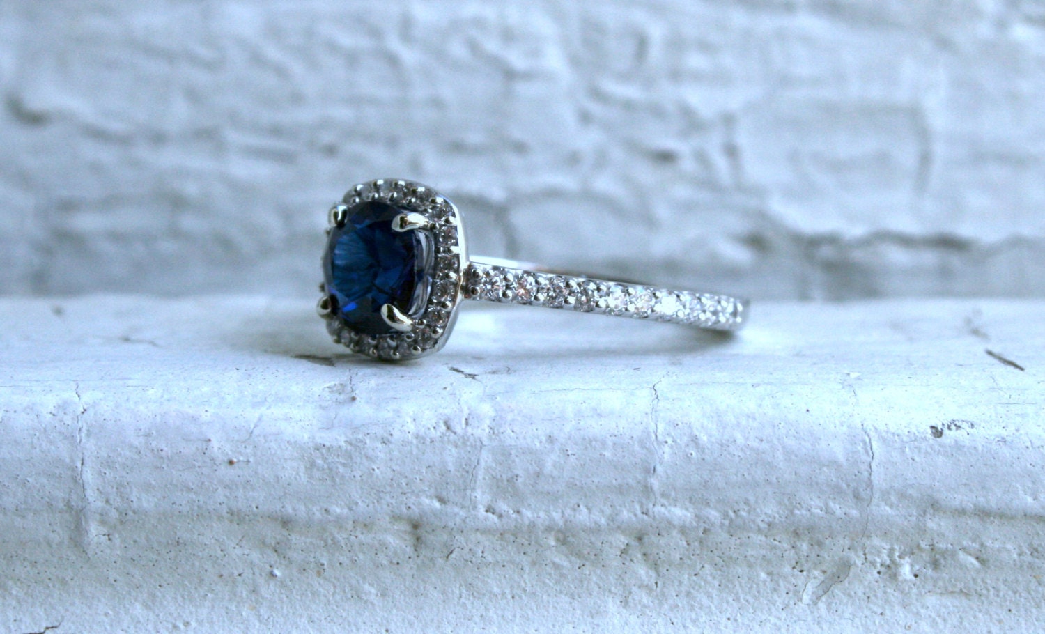 14K White Gold Pave Diamond and Sapphire Halo Ring - 1.60ct.