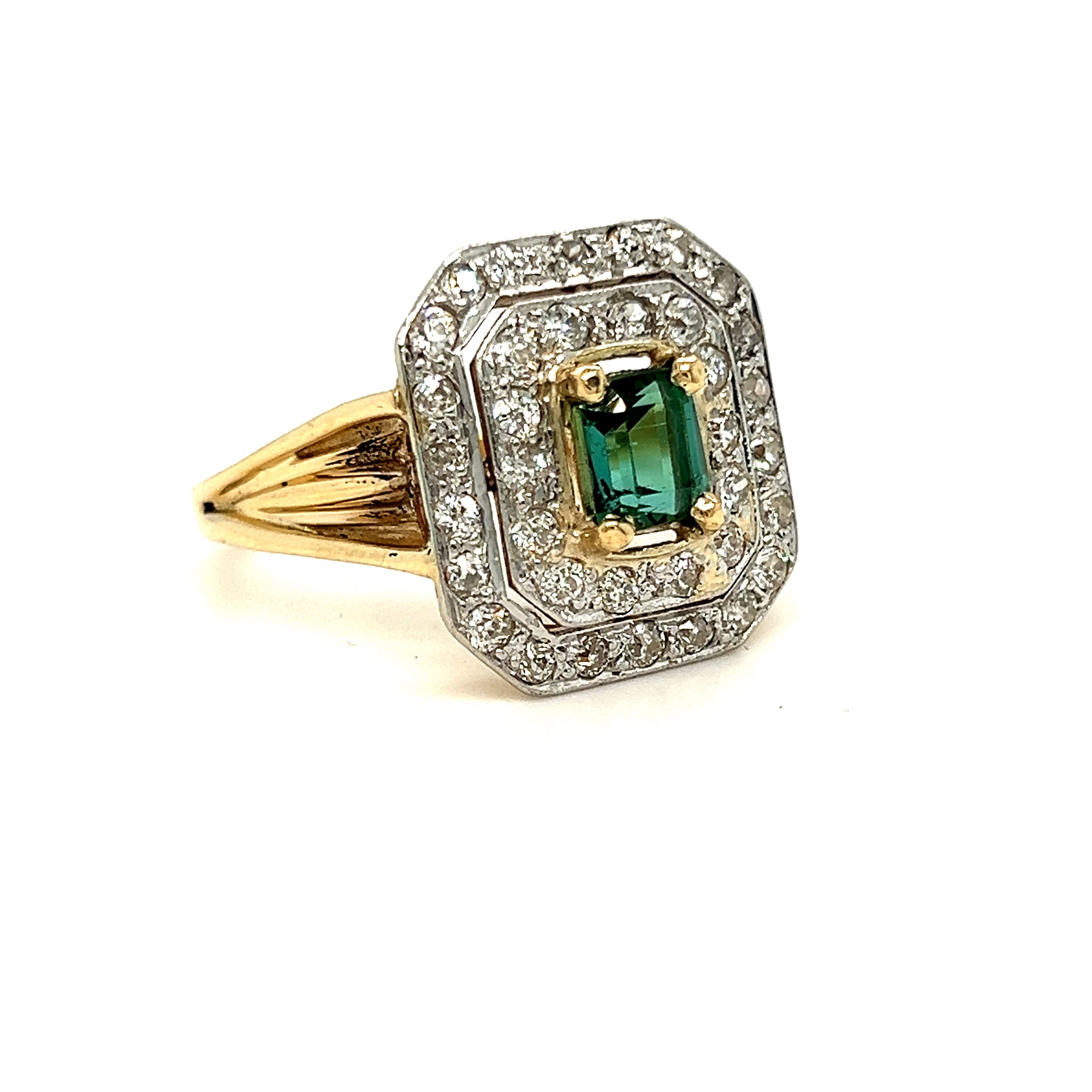Antique 14K Yellow Gold Double Diamond Halo and Tourmaline Ring Engagement Ring - 2.34ct.