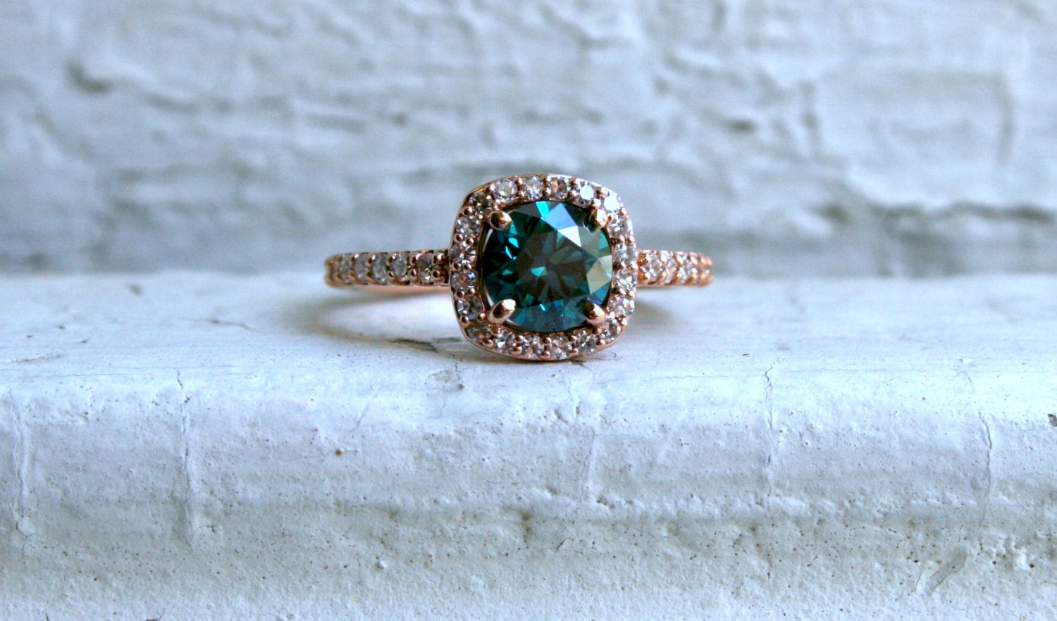 14K Rose Gold Pave Diamond and Blue Diamond Halo Ring - 1.05ct.