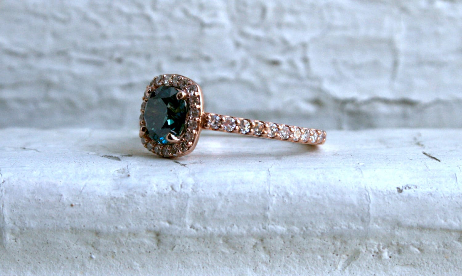 14K Rose Gold Pave Diamond and Blue Diamond Halo Ring - 1.05ct.