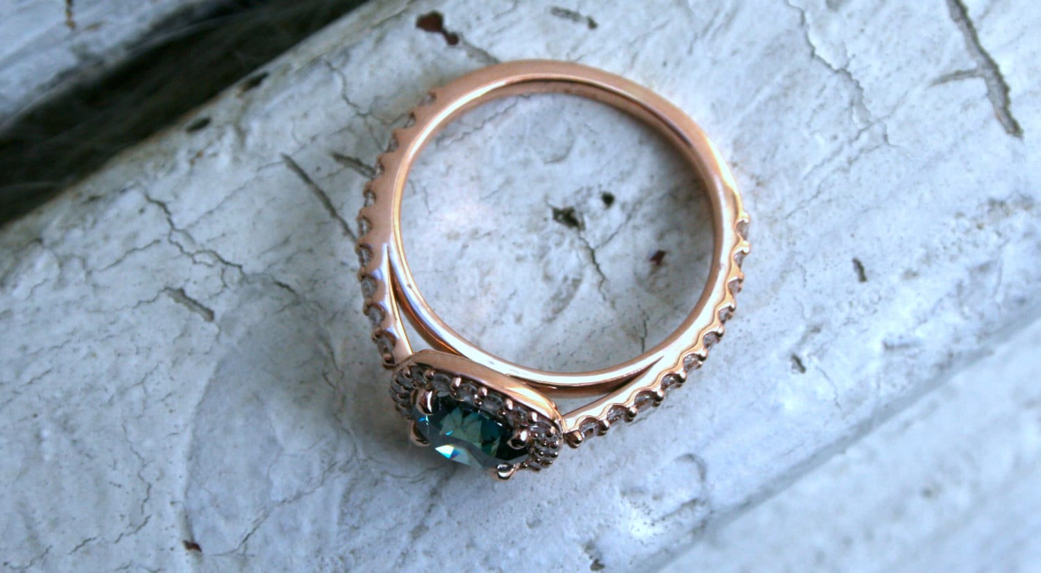 14K Rose Gold Pave Diamond and Blue Diamond Halo Ring - 1.05ct.