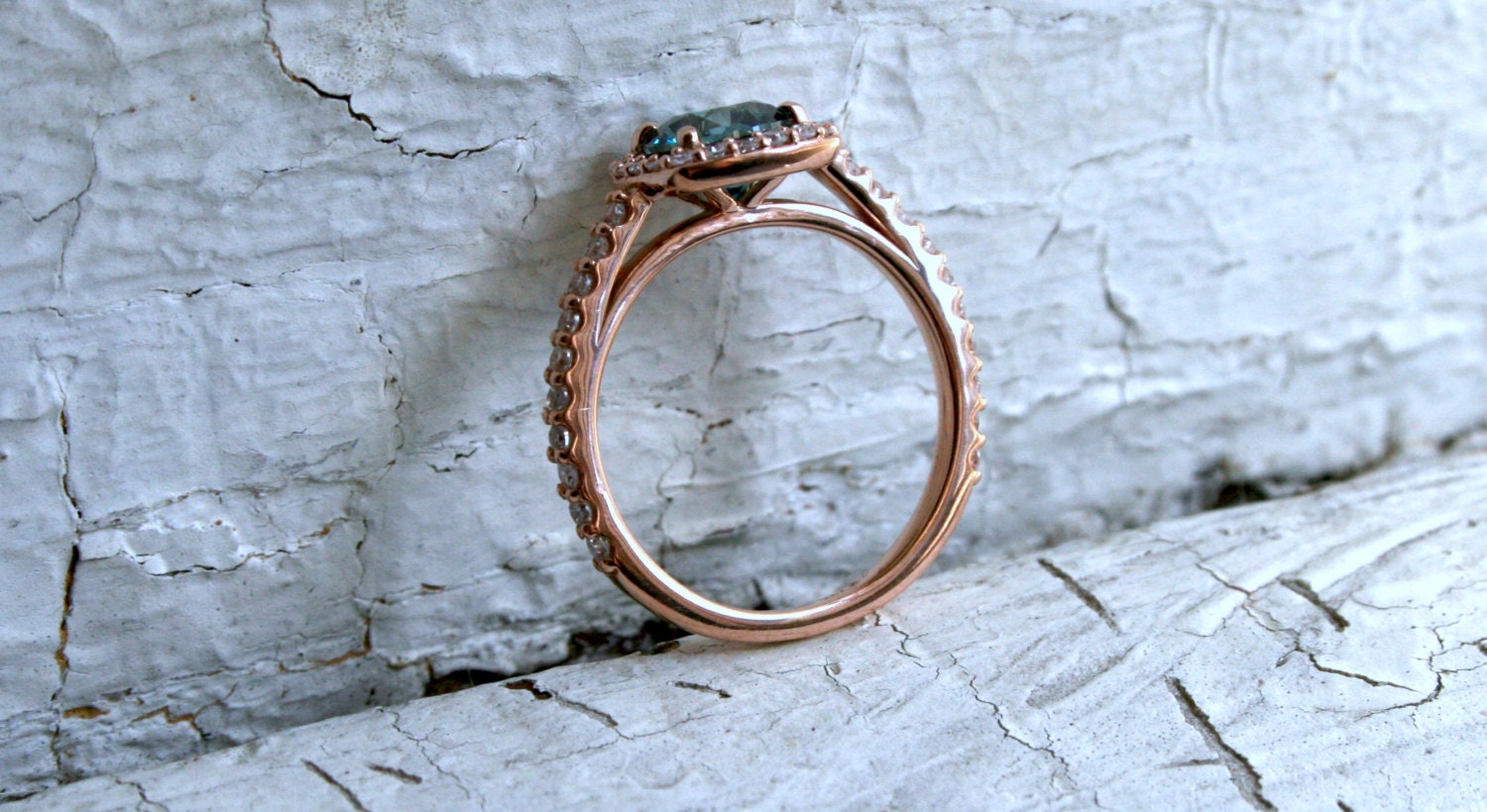 14K Rose Gold Pave Diamond and Blue Diamond Halo Ring - 1.05ct.