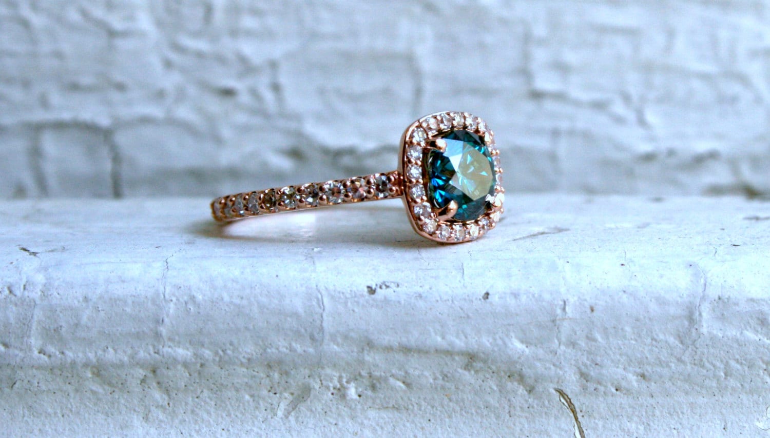 14K Rose Gold Pave Diamond and Blue Diamond Halo Ring - 1.05ct.