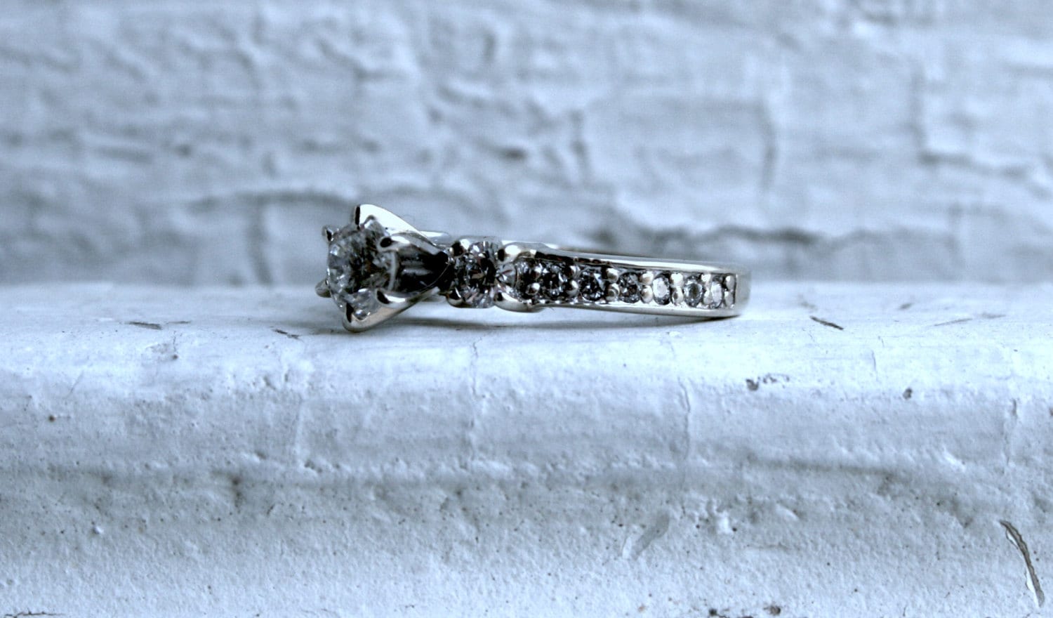 Vintage Three Stone Diamond Engagement Ring in 14K White Gold - 0.84ct.