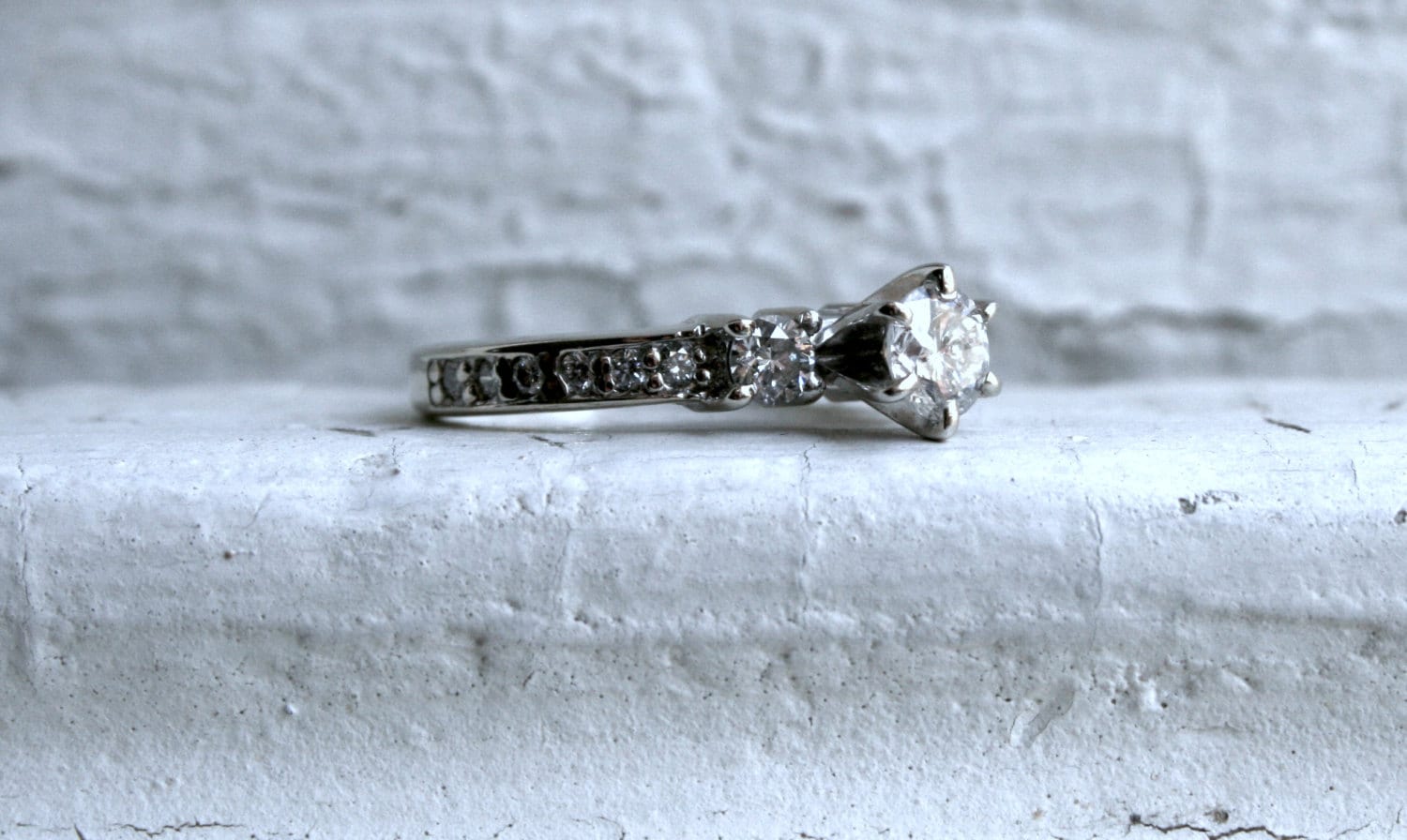Vintage Three Stone Diamond Engagement Ring in 14K White Gold - 0.84ct.