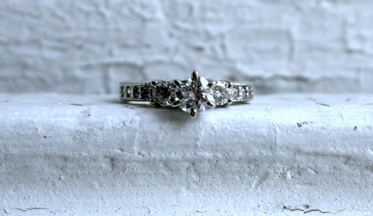 Vintage Three Stone Diamond Engagement Ring in 14K White Gold - 0.84ct.