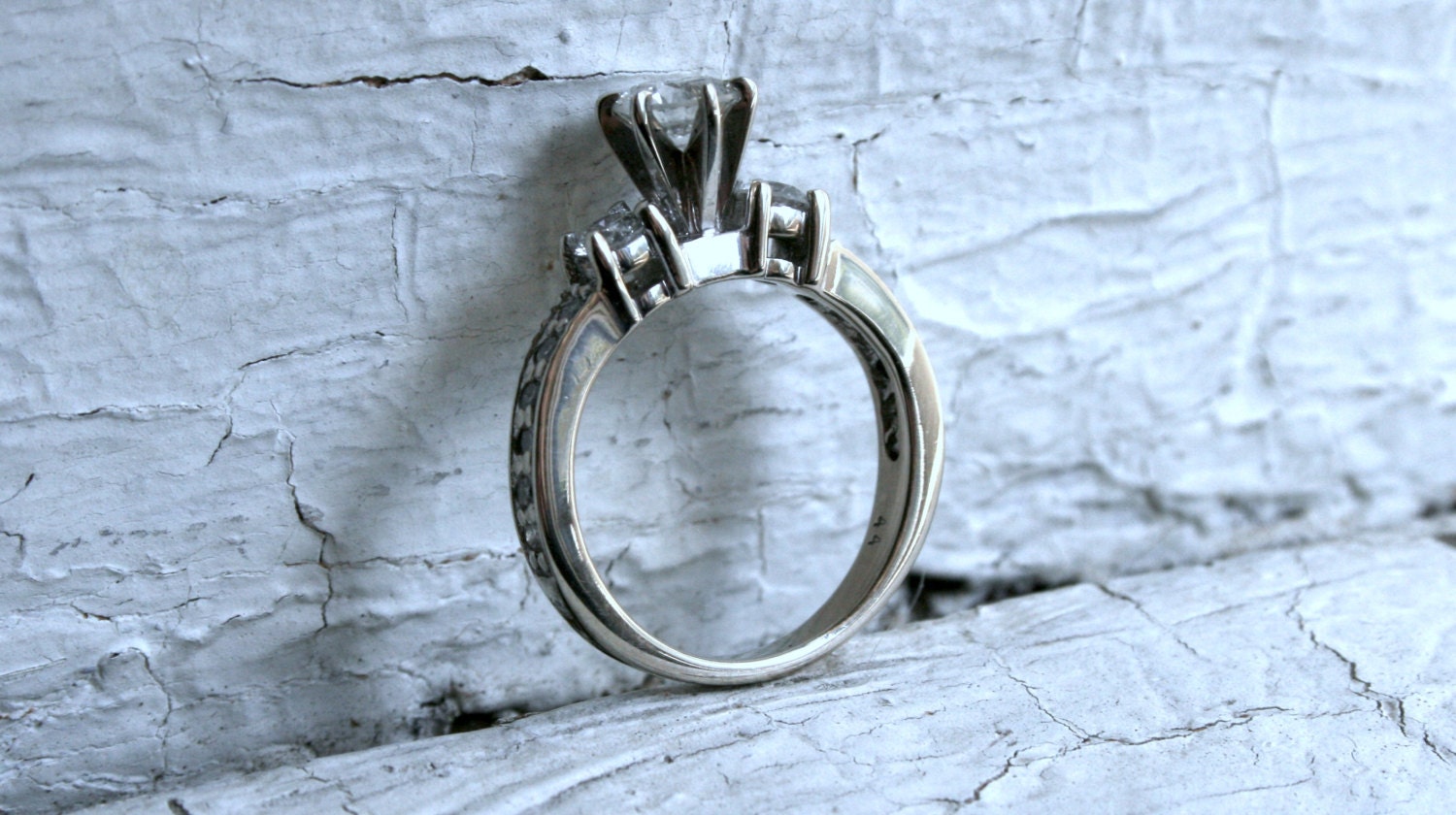 Vintage Three Stone Diamond Engagement Ring in 14K White Gold - 0.84ct.