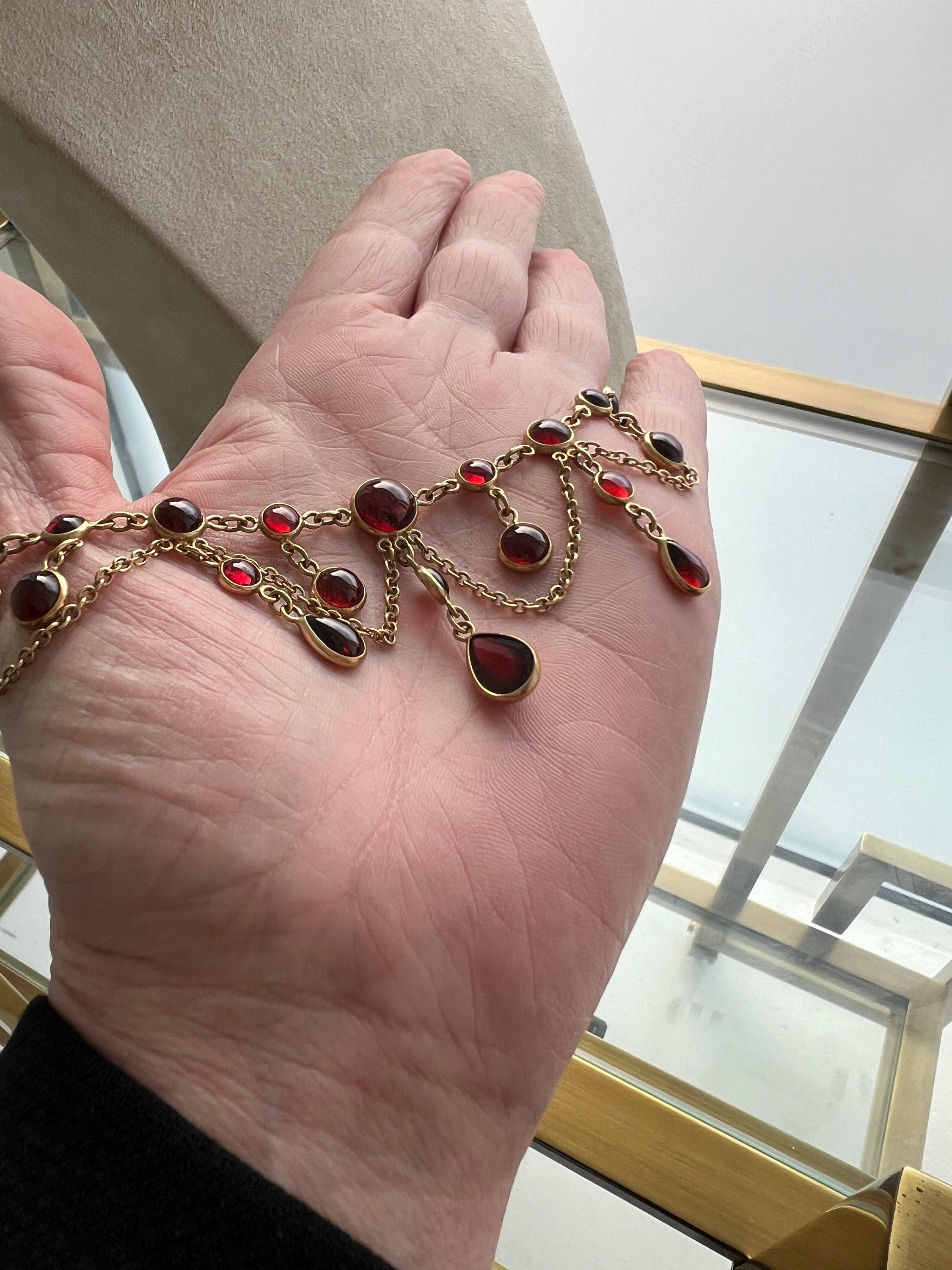 Gorgeous Antique Victorian 14K Yellow Gold Garnet Necklace - 15.00ct.