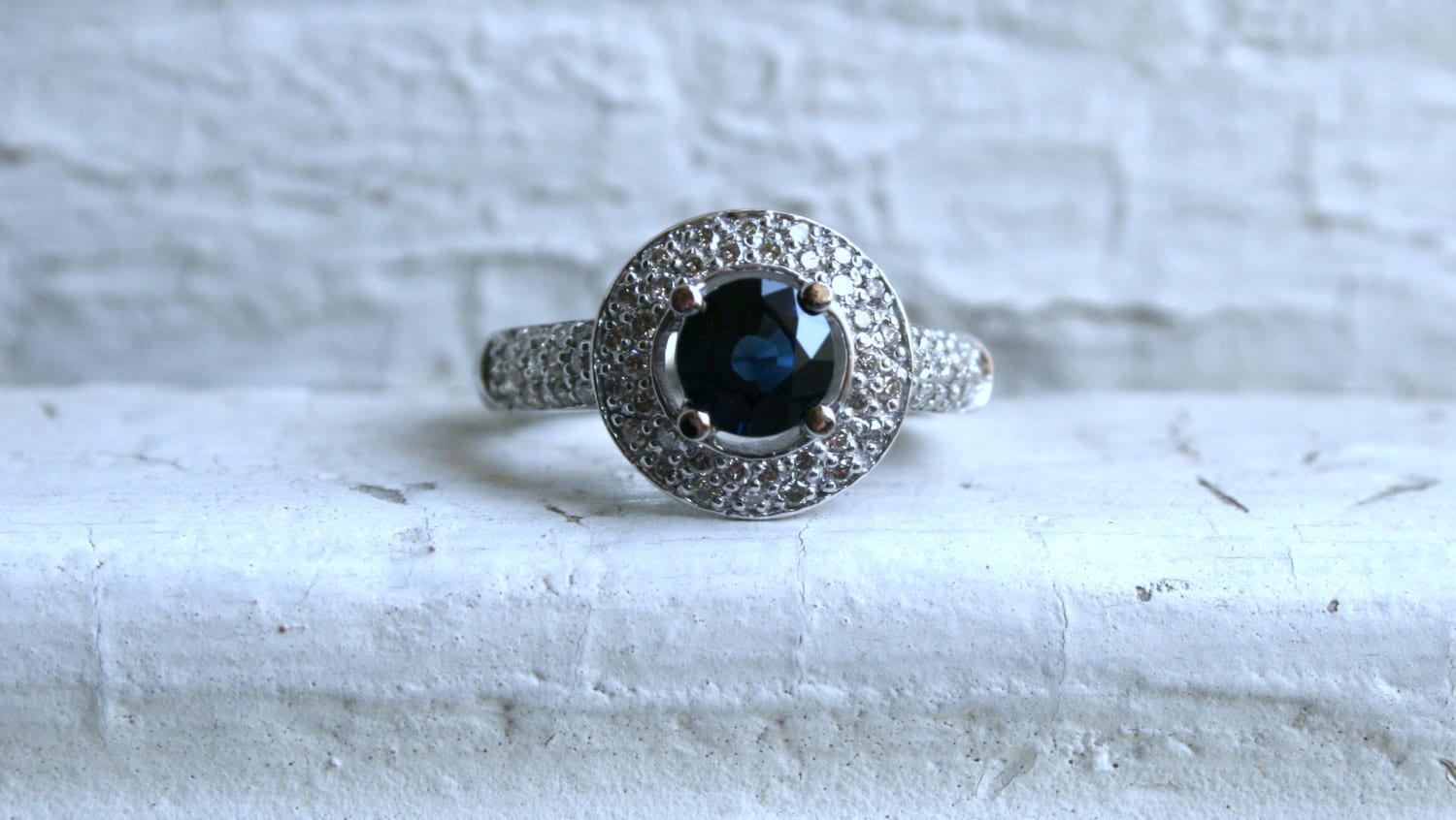 Vintage 14K White Gold Pave Diamond and Sapphire Halo Ring - 1.89ct.