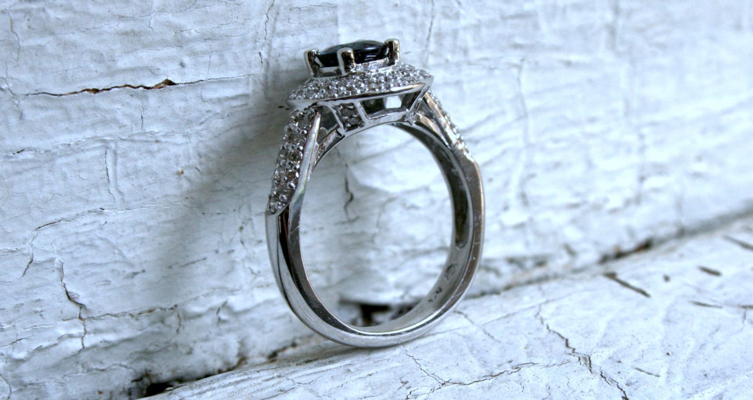Vintage 14K White Gold Pave Diamond and Sapphire Halo Ring - 1.89ct.