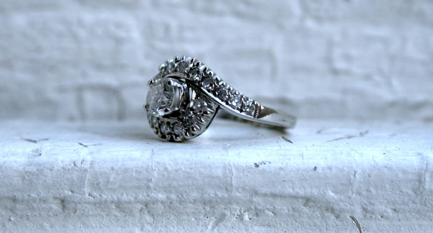 Vintage 14K White Gold Diamond Engagement Ring -1.22ct.