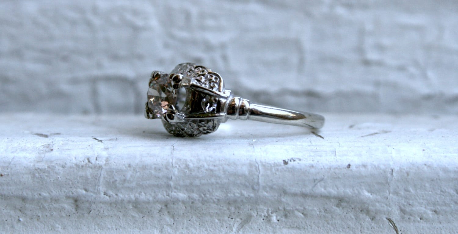 Vintage Floral 14K White Gold Diamond Engagement Ring - 0.71ct.