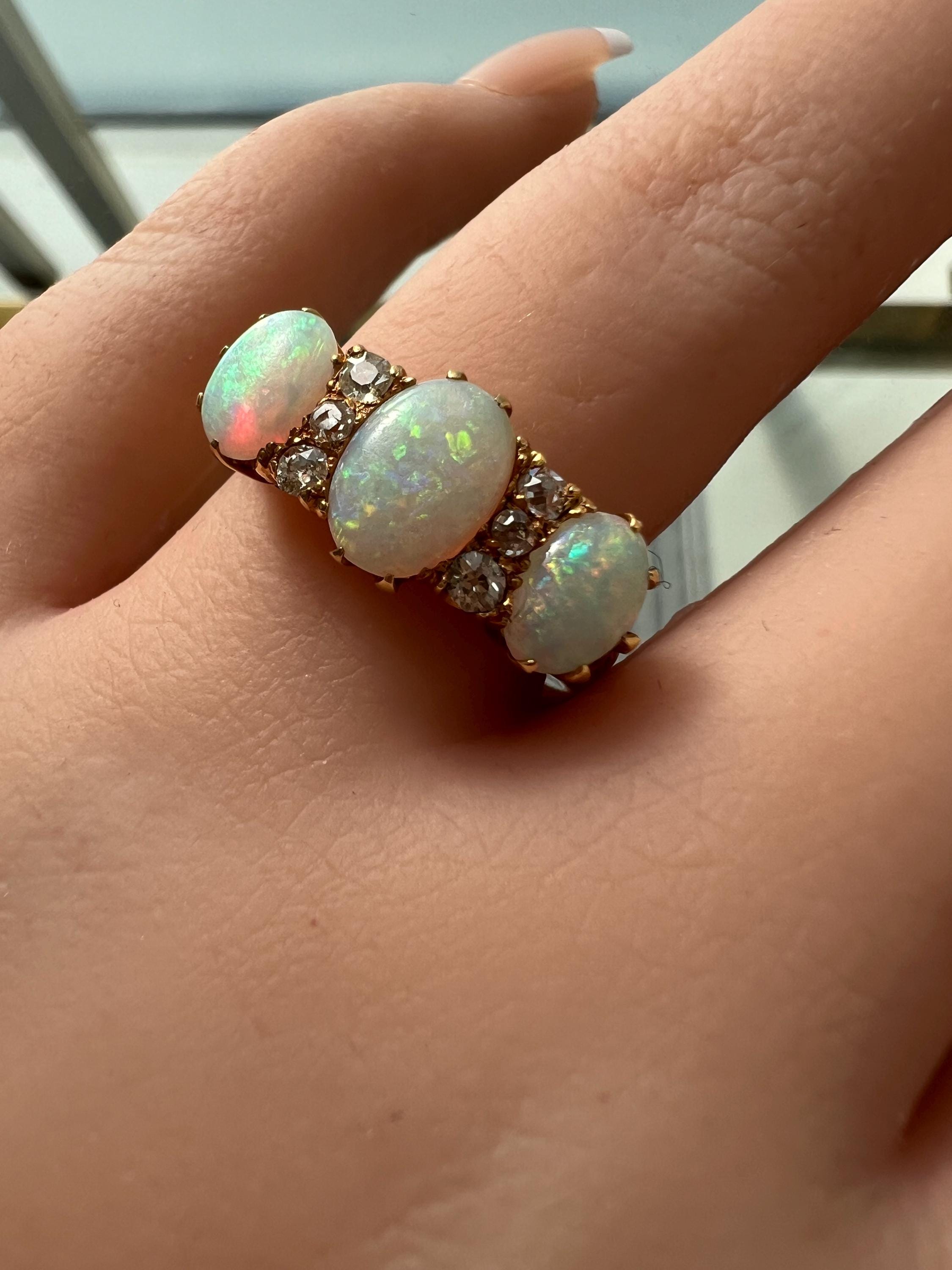 Stunning Antique Victorian 18K Yellow Gold Opal and Diamond Wedding Band Ring.