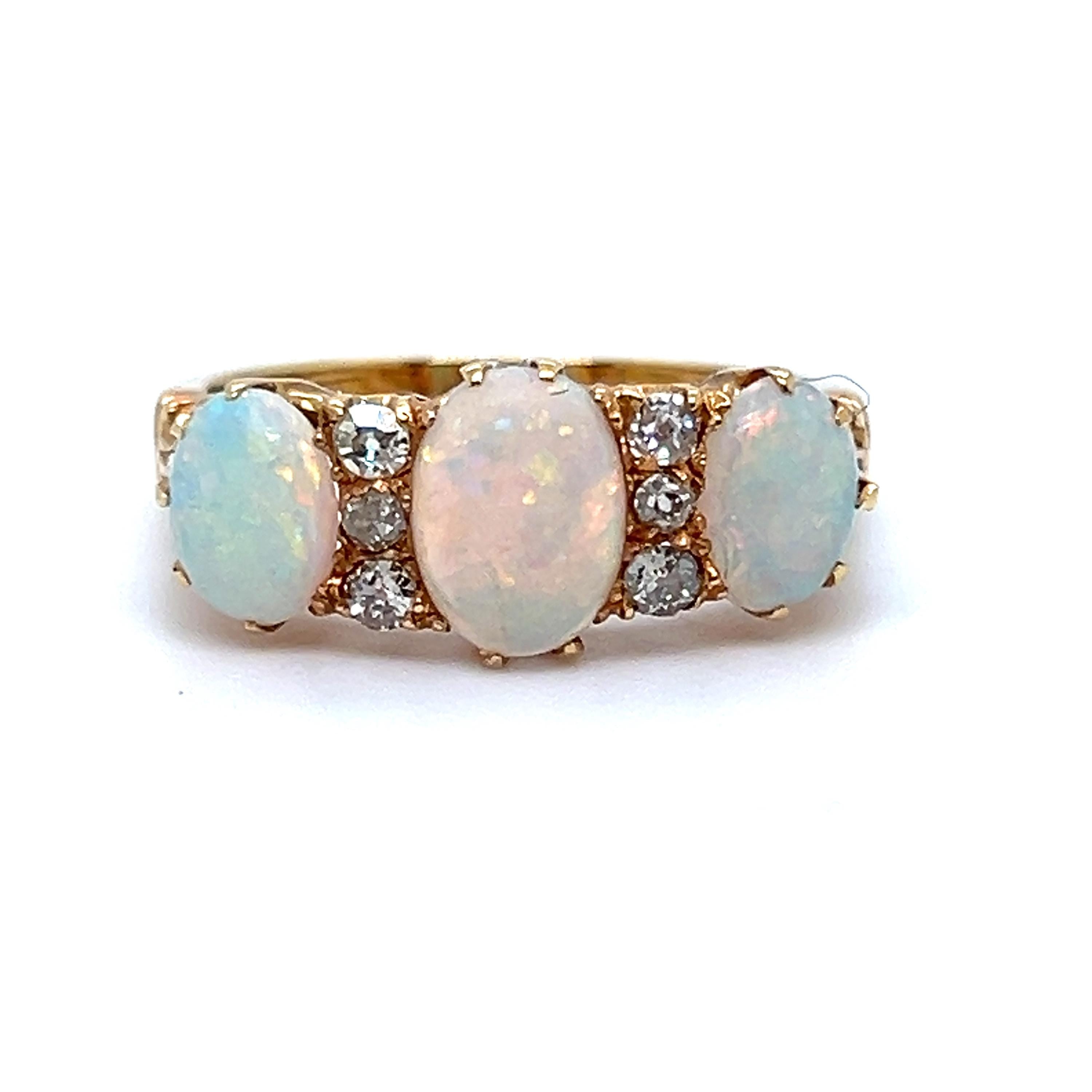 Stunning Antique Victorian 18K Yellow Gold Opal and Diamond Wedding Band Ring.