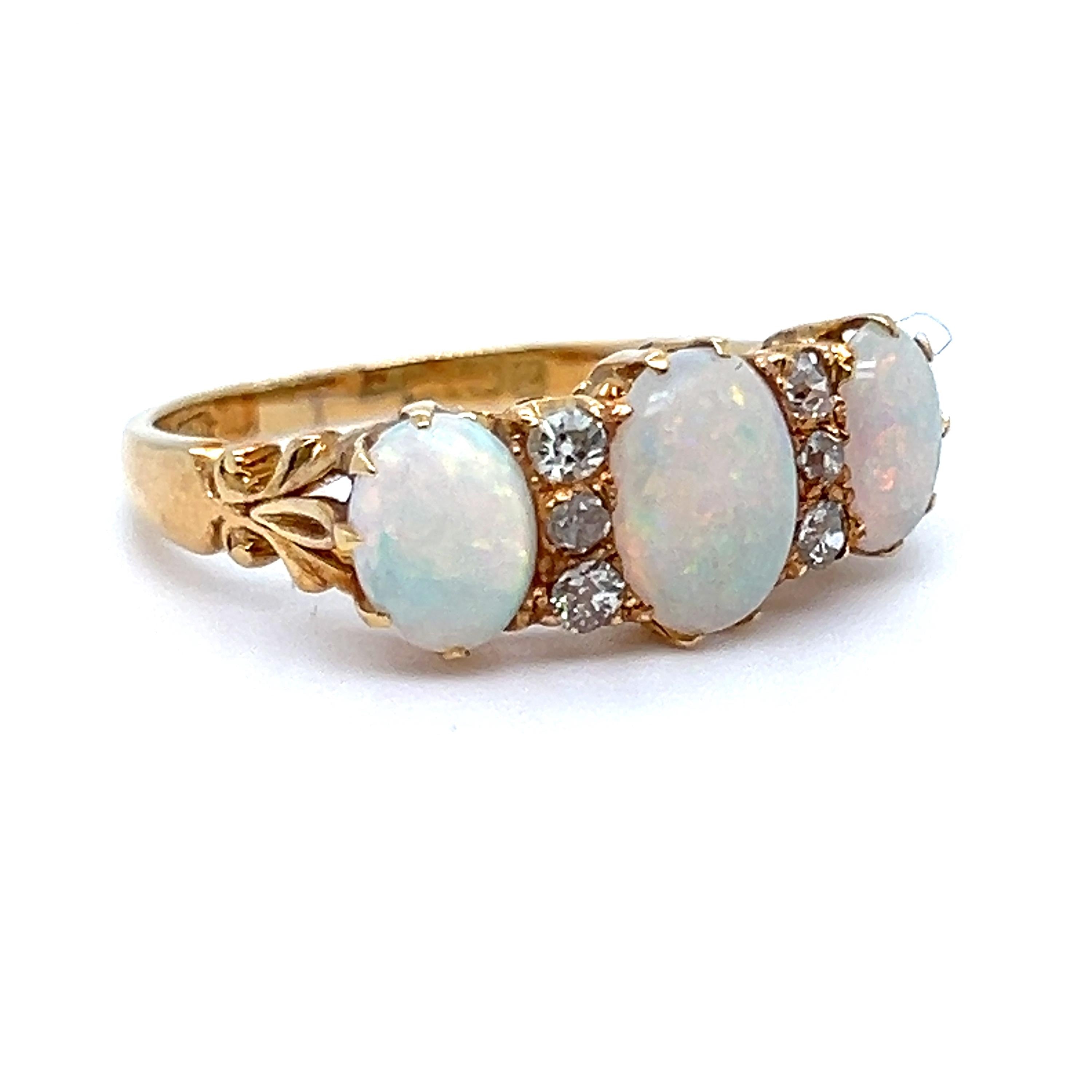 Stunning Antique Victorian 18K Yellow Gold Opal and Diamond Wedding Band Ring.