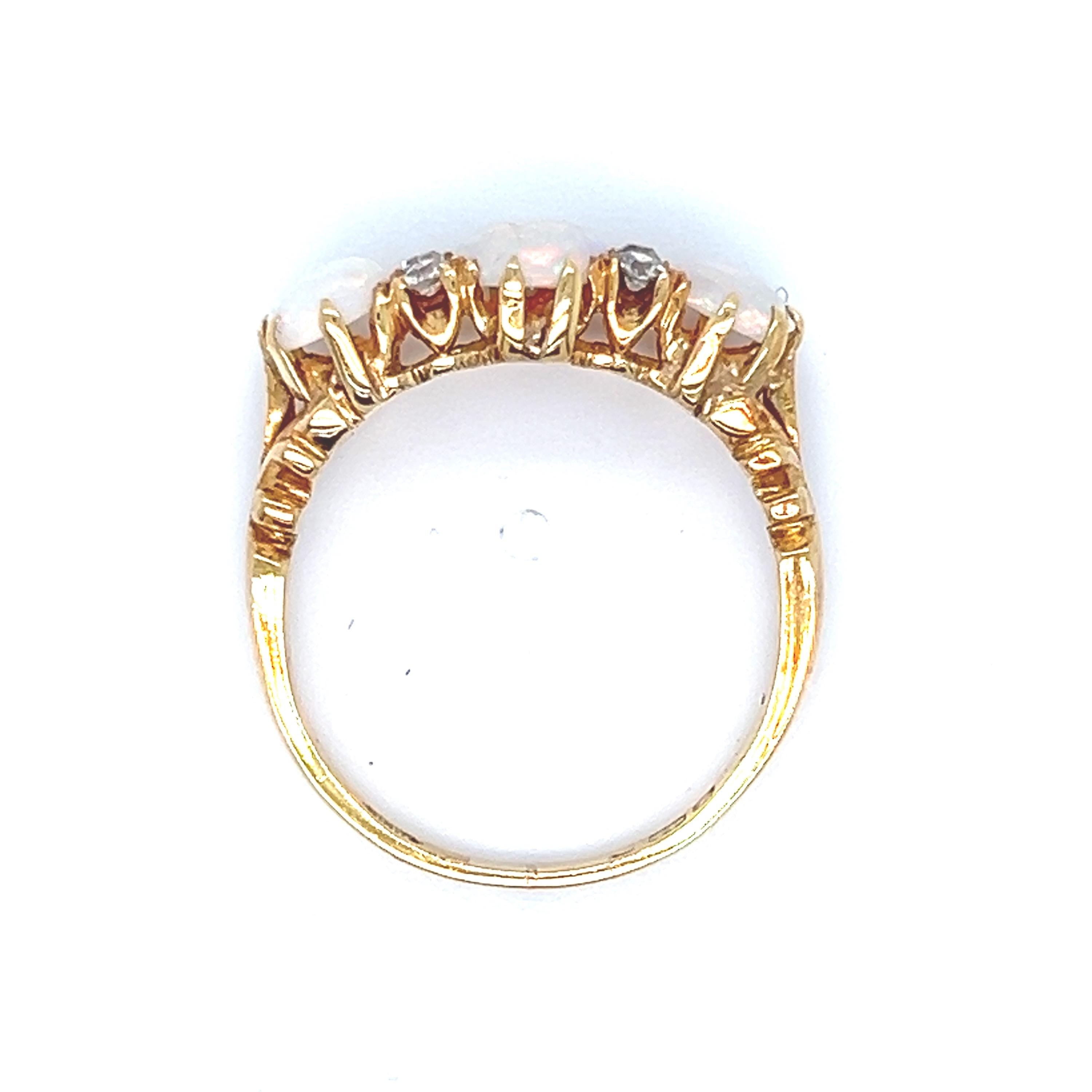 Stunning Antique Victorian 18K Yellow Gold Opal and Diamond Wedding Band Ring.