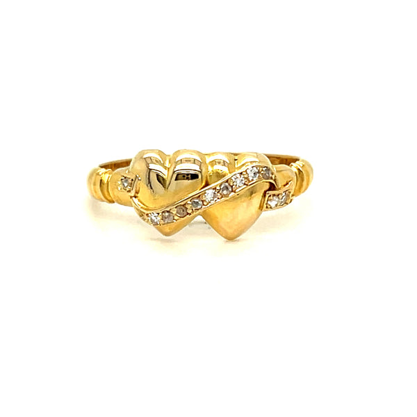 Antique 18K Yellow Gold Double Heart Diamond Ring.