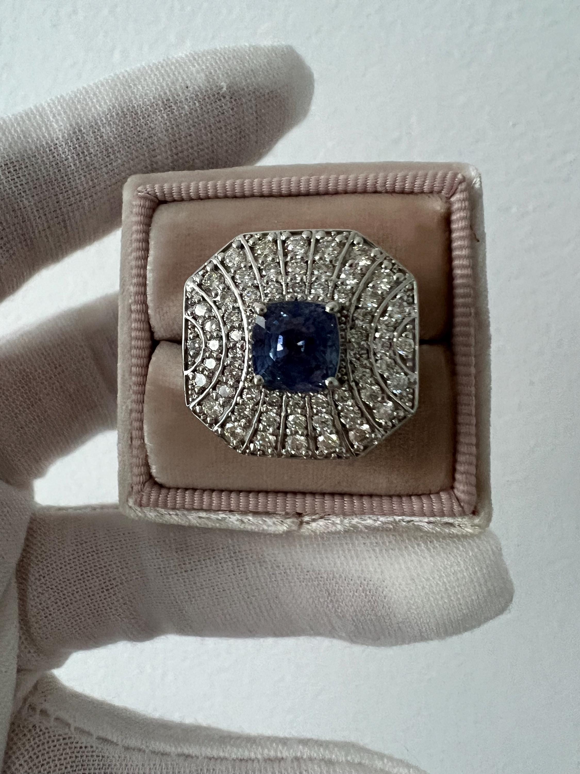 Stunning Vintage Art Deco 14K White Gold Diamond and Sapphire Ring - 4.24ct.