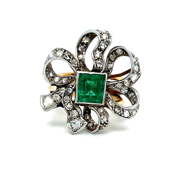 Vintage 18K Yellow Gold/ Platinum Emerald and Diamond Ribbon Ring - 1.88ct.