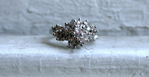 Retro Vintage 18K White Gold Diamond Cluster Engagement Ring - 1.37ct.
