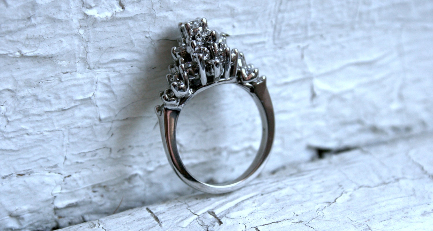 Retro Vintage 18K White Gold Diamond Cluster Engagement Ring - 1.37ct.
